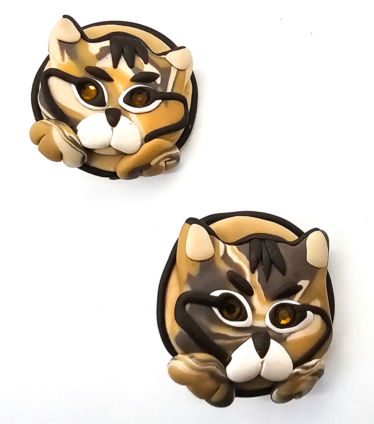 Brown tabby cat retro artisan soft clay vintage clip on kitty earrings