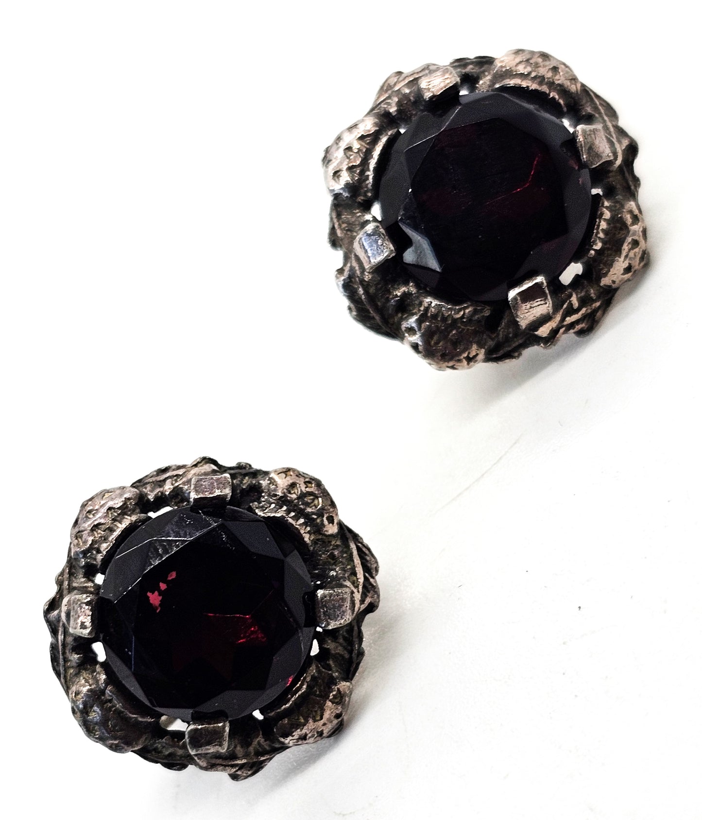 Deep purple glass silver toned Renaissance style vintage clip on earrings