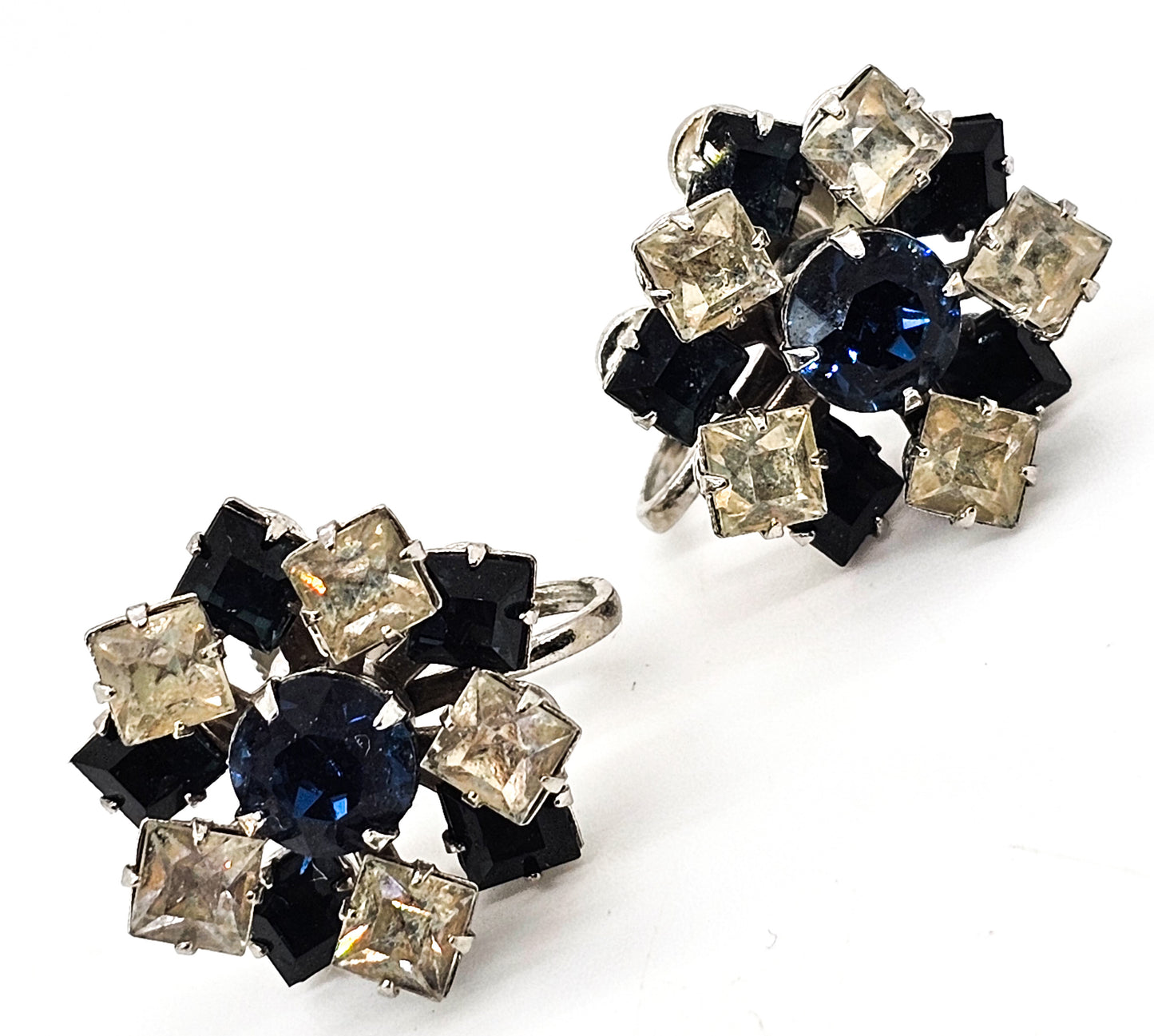 Deep blue princess cut atomic flower vintage screw back rhinestone earrings