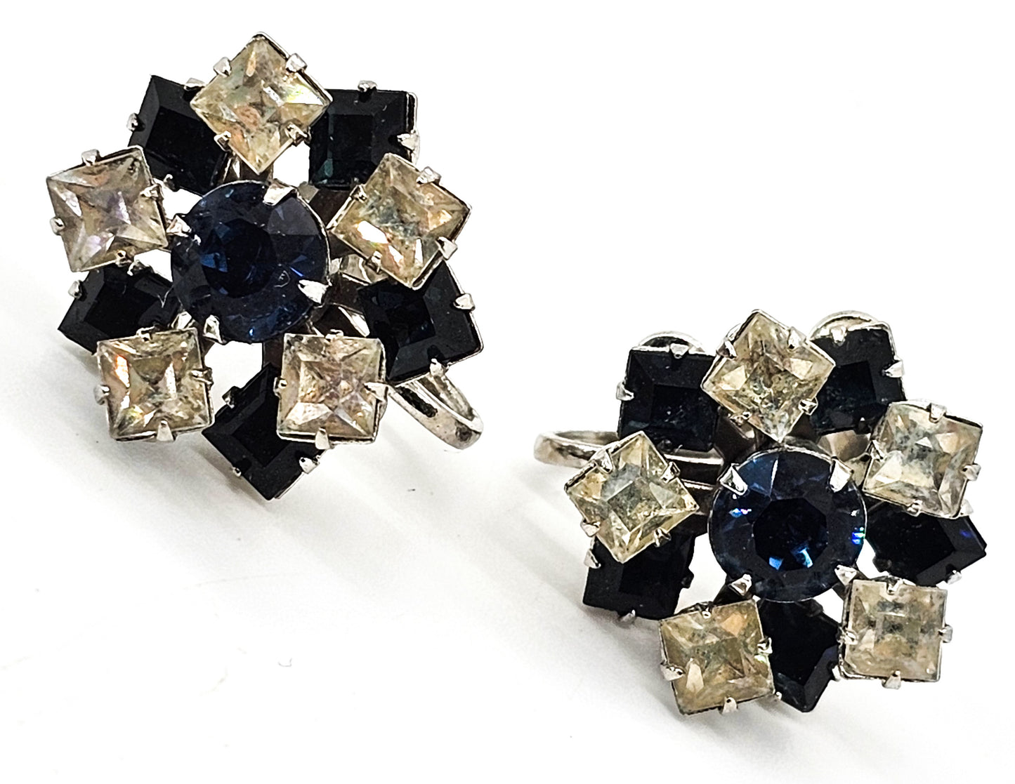 Deep blue princess cut atomic flower vintage screw back rhinestone earrings