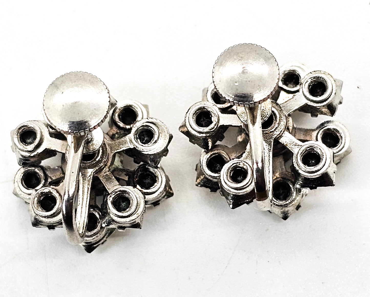 Deep blue princess cut atomic flower vintage screw back rhinestone earrings