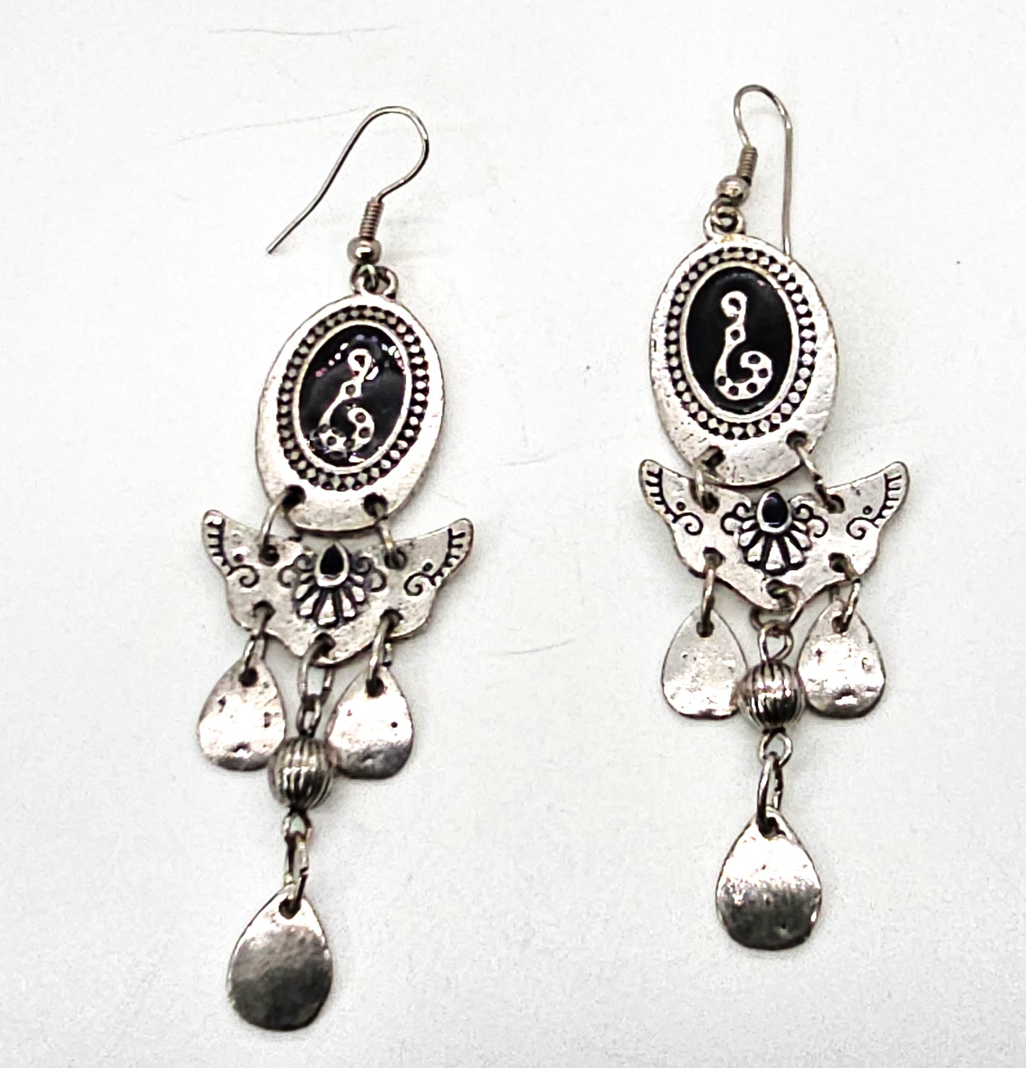 Black snake vintage long drop silver toned black enamel tribal earrings