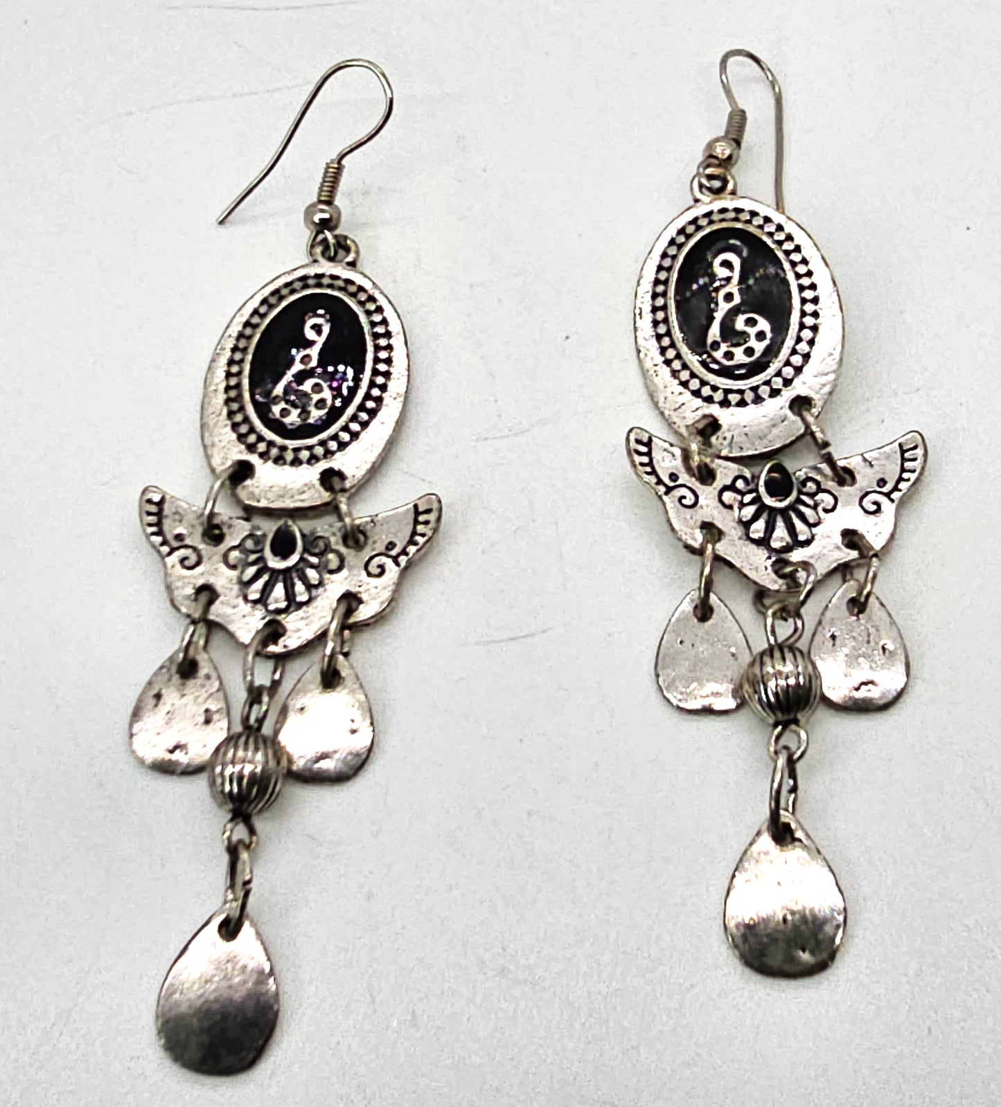 Black snake vintage long drop silver toned black enamel tribal earrings
