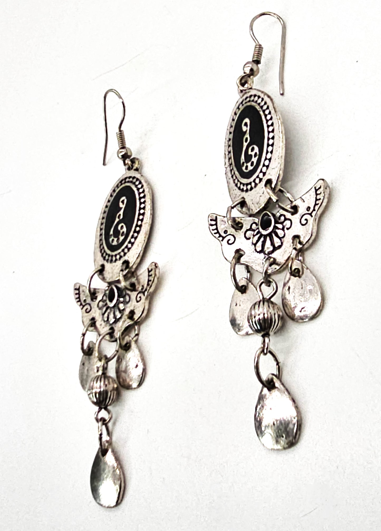 Black snake vintage long drop silver toned black enamel tribal earrings