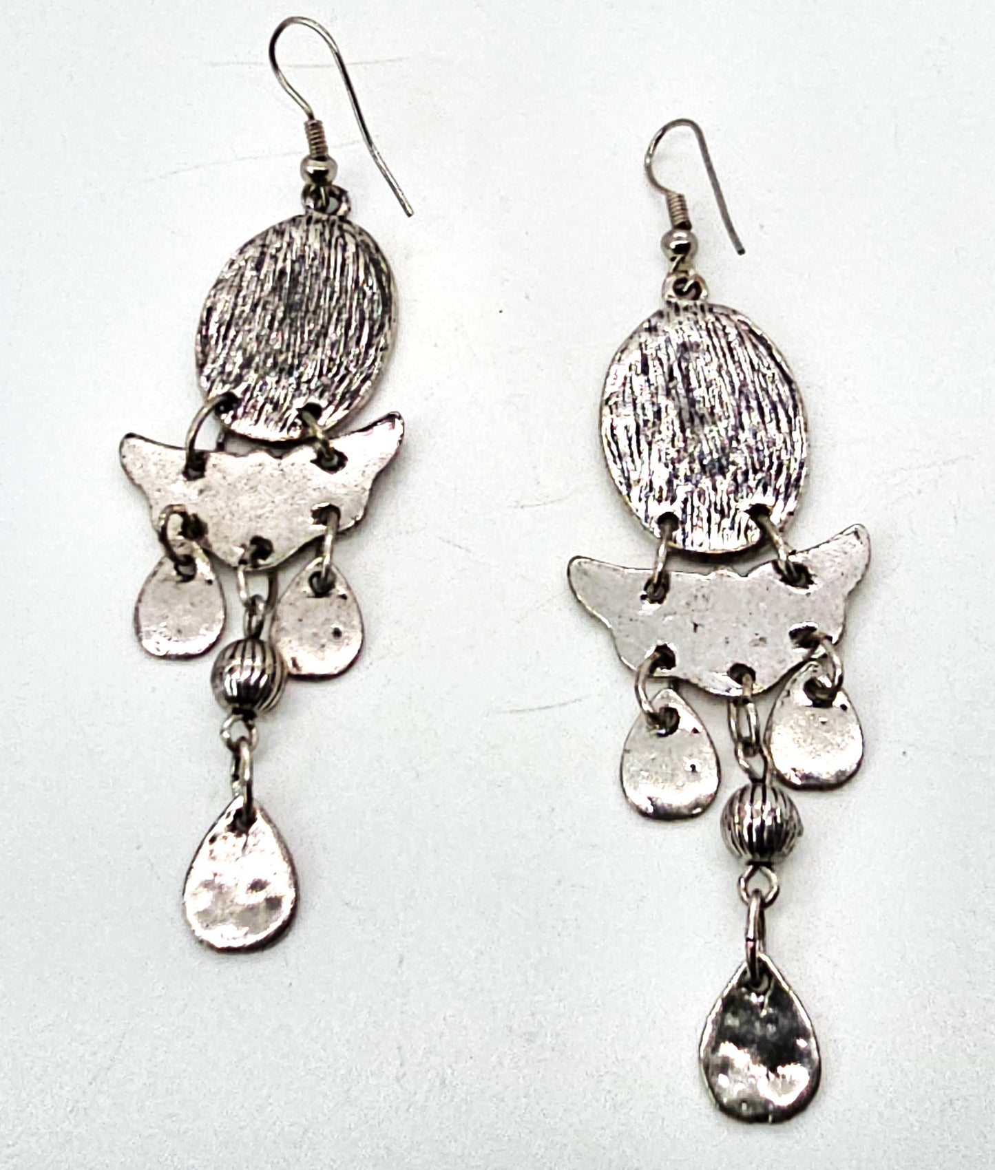 Black snake vintage long drop silver toned black enamel tribal earrings