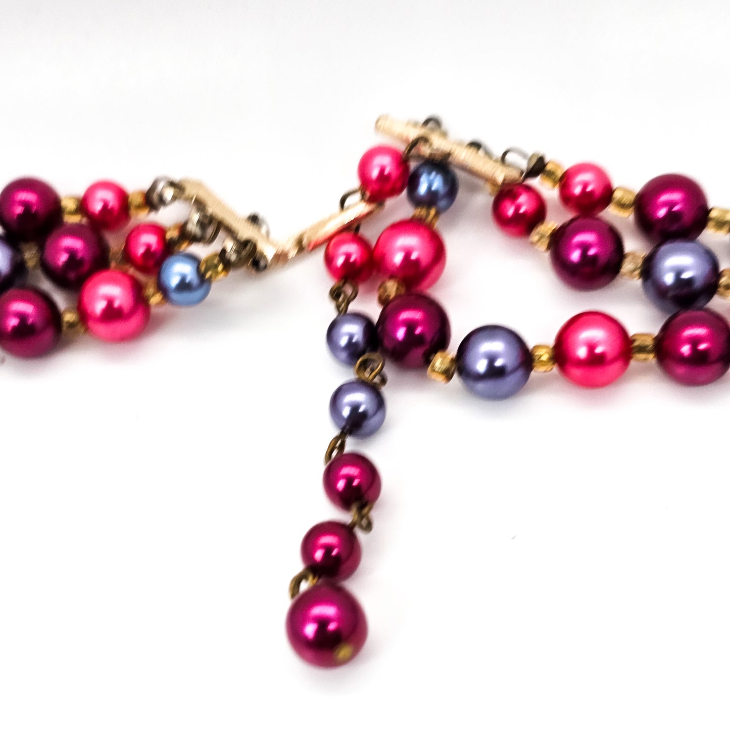Red and Blue mid century three strand beaded vintage necklace West Germany