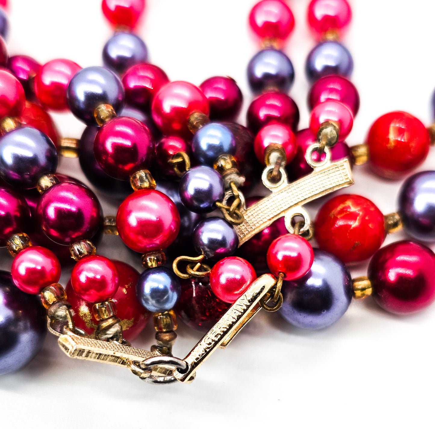 Red and Blue mid century three strand beaded vintage necklace West Germany