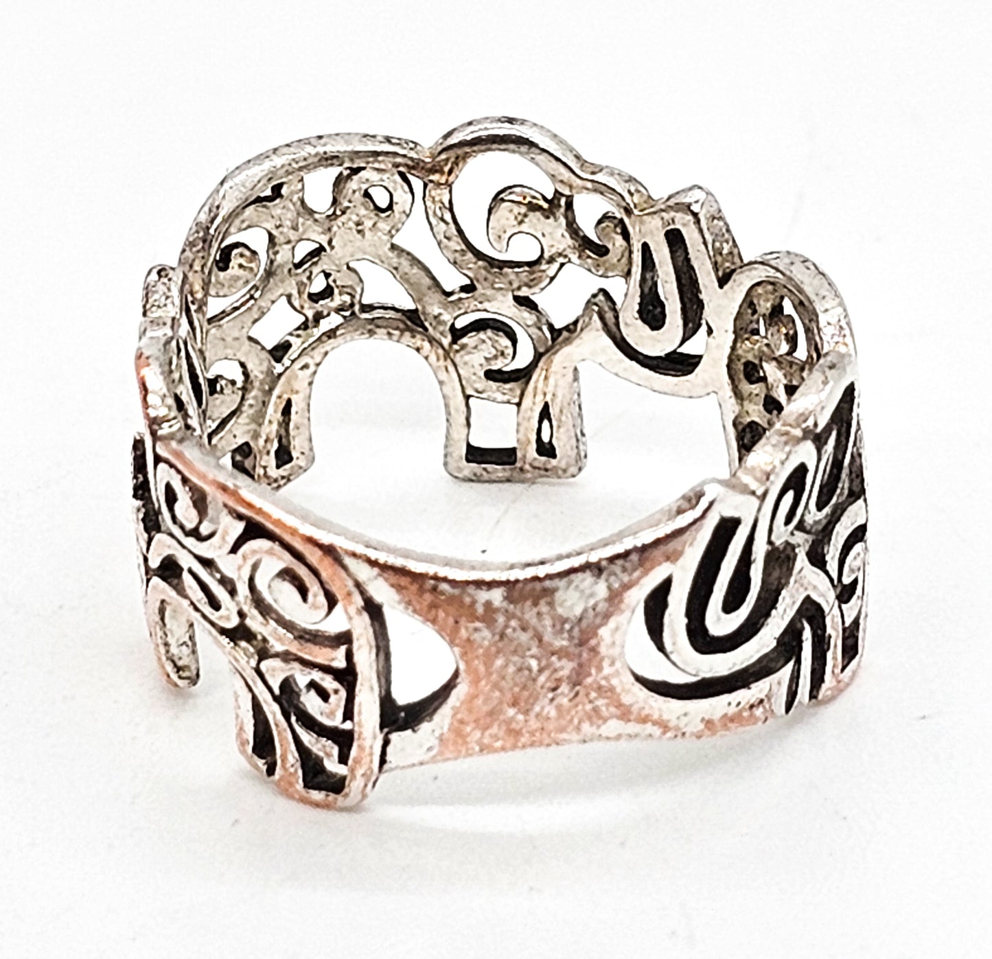 Filigree Elephant Good Luck Trunk vintage open work sterling silver ring size 8