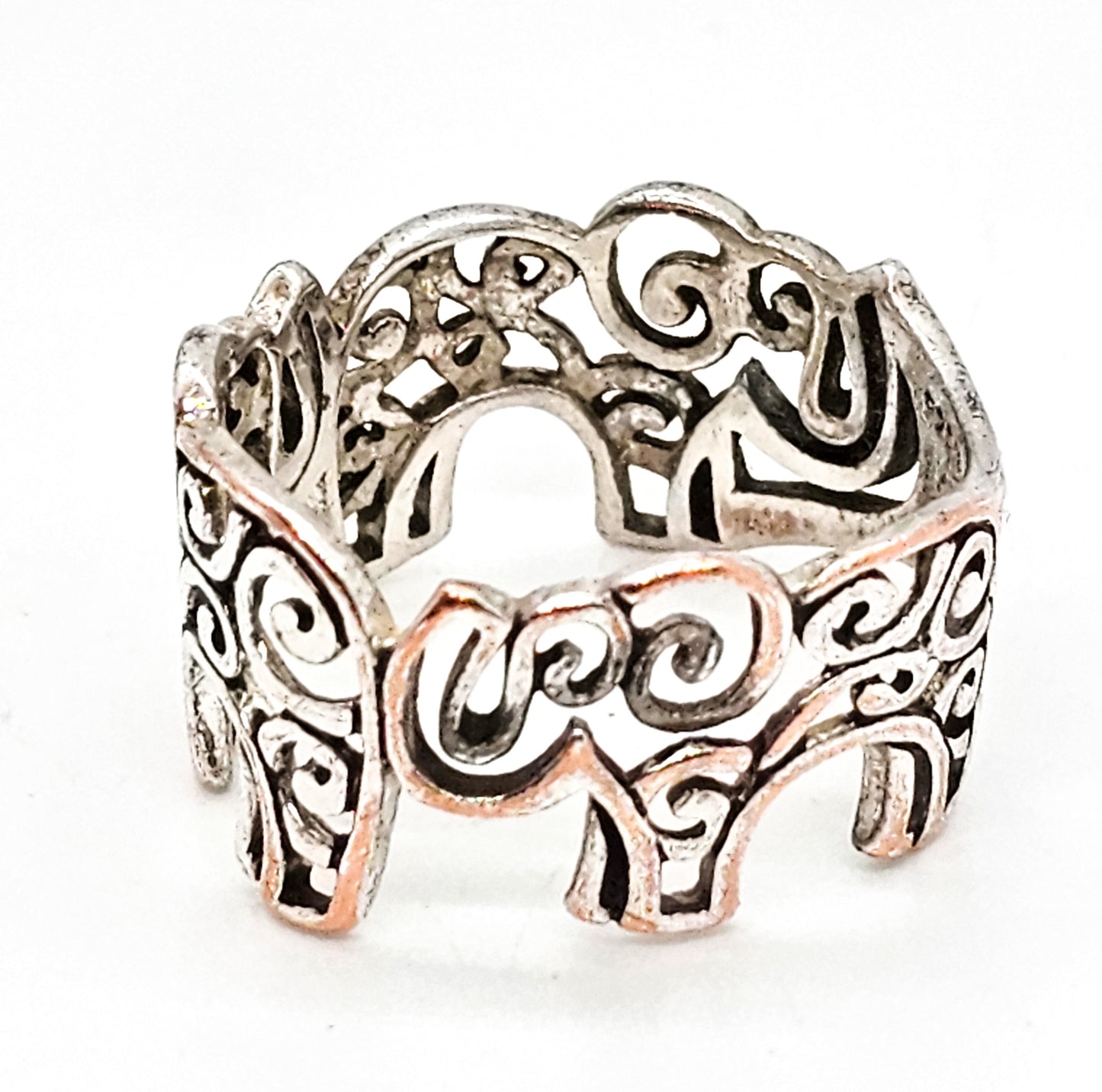 Filigree Elephant Good Luck Trunk vintage open work sterling silver ring size 8