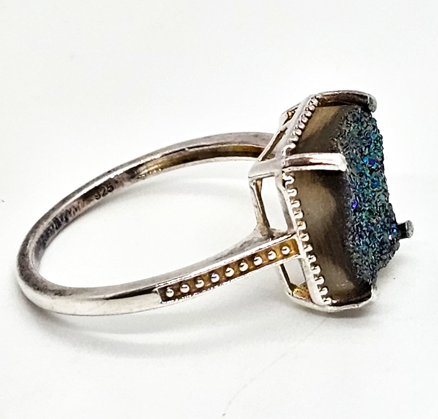 D'Joy Peacock Druzy Titanium Aura Quartz sterling silver ring size 10