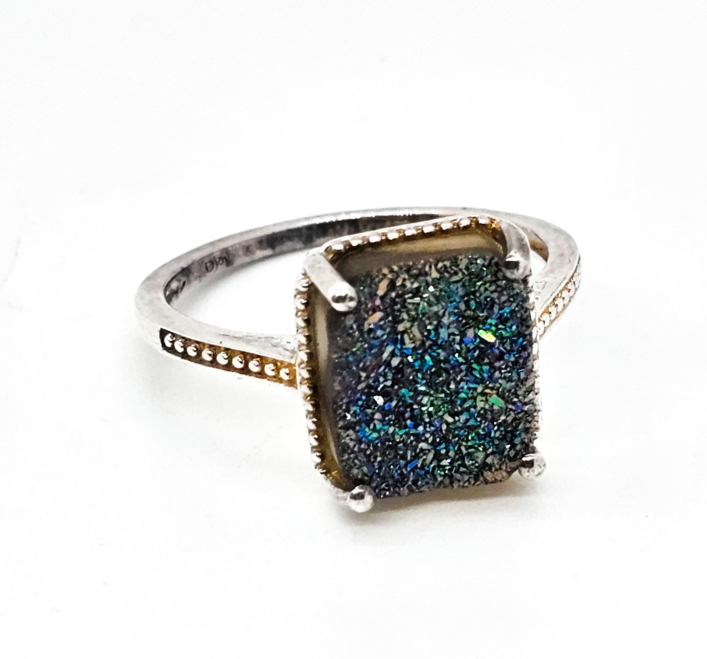 D'Joy Peacock Druzy Titanium Aura Quartz sterling silver ring size 10