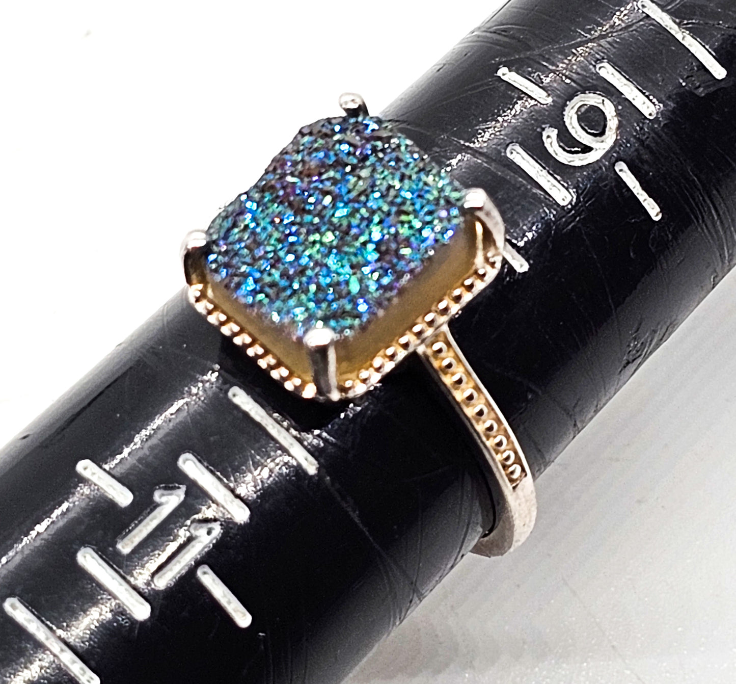 D'Joy Peacock Druzy Titanium Aura Quartz sterling silver ring size 10