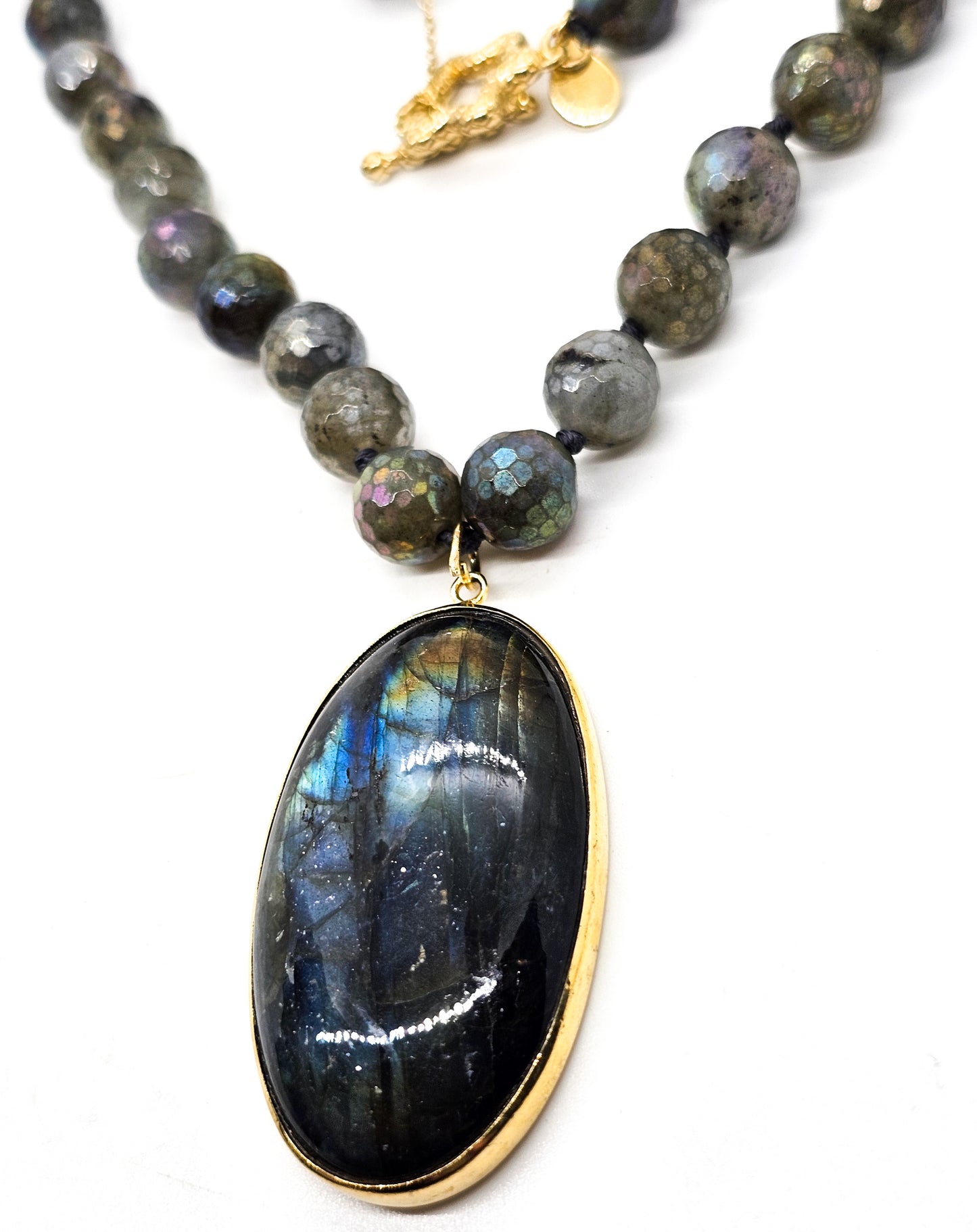 Rarities 20" Gold plated Aura coated faceted labradorite sterling silver necklace