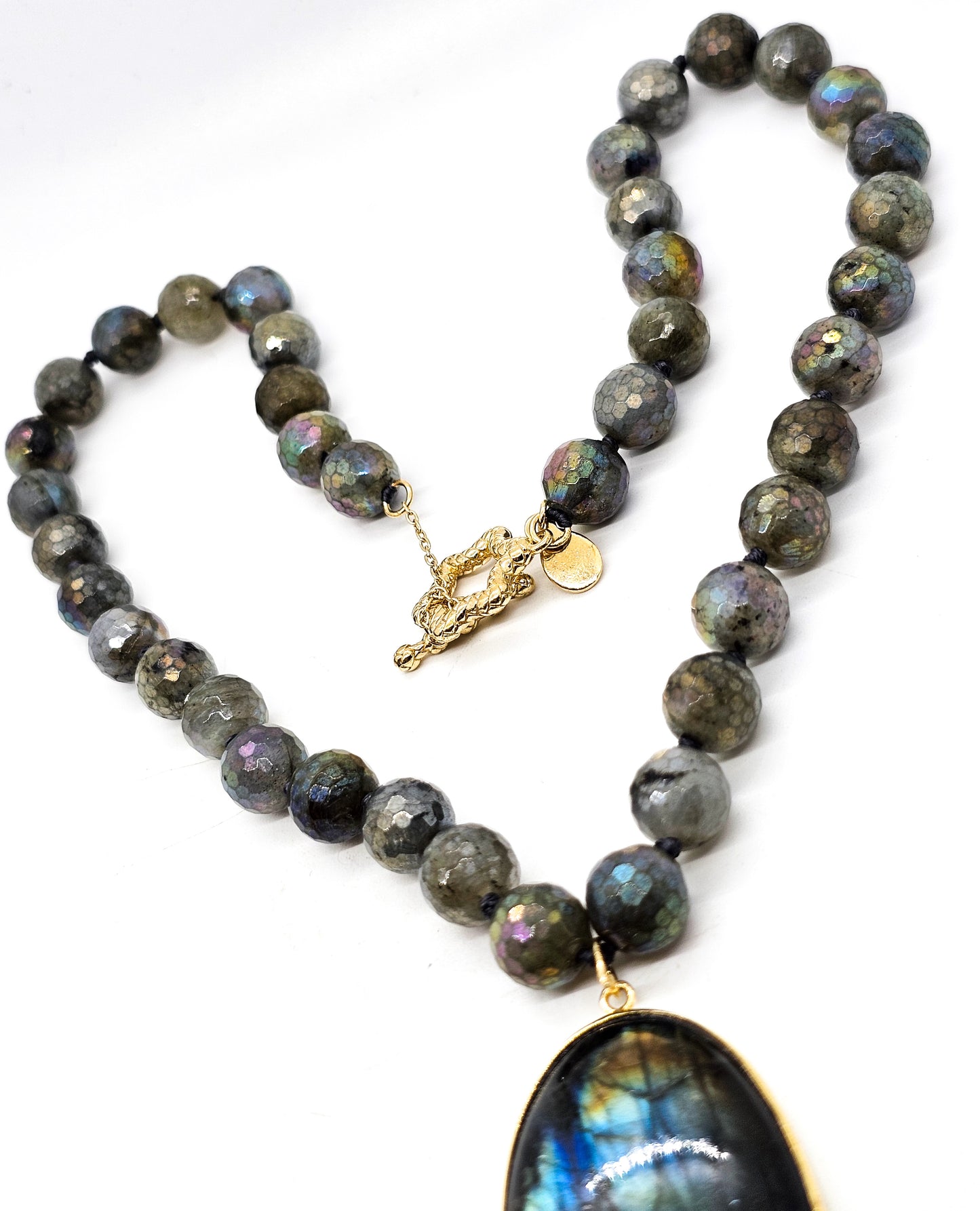Rarities 20" Gold plated Aura coated faceted labradorite sterling silver necklace