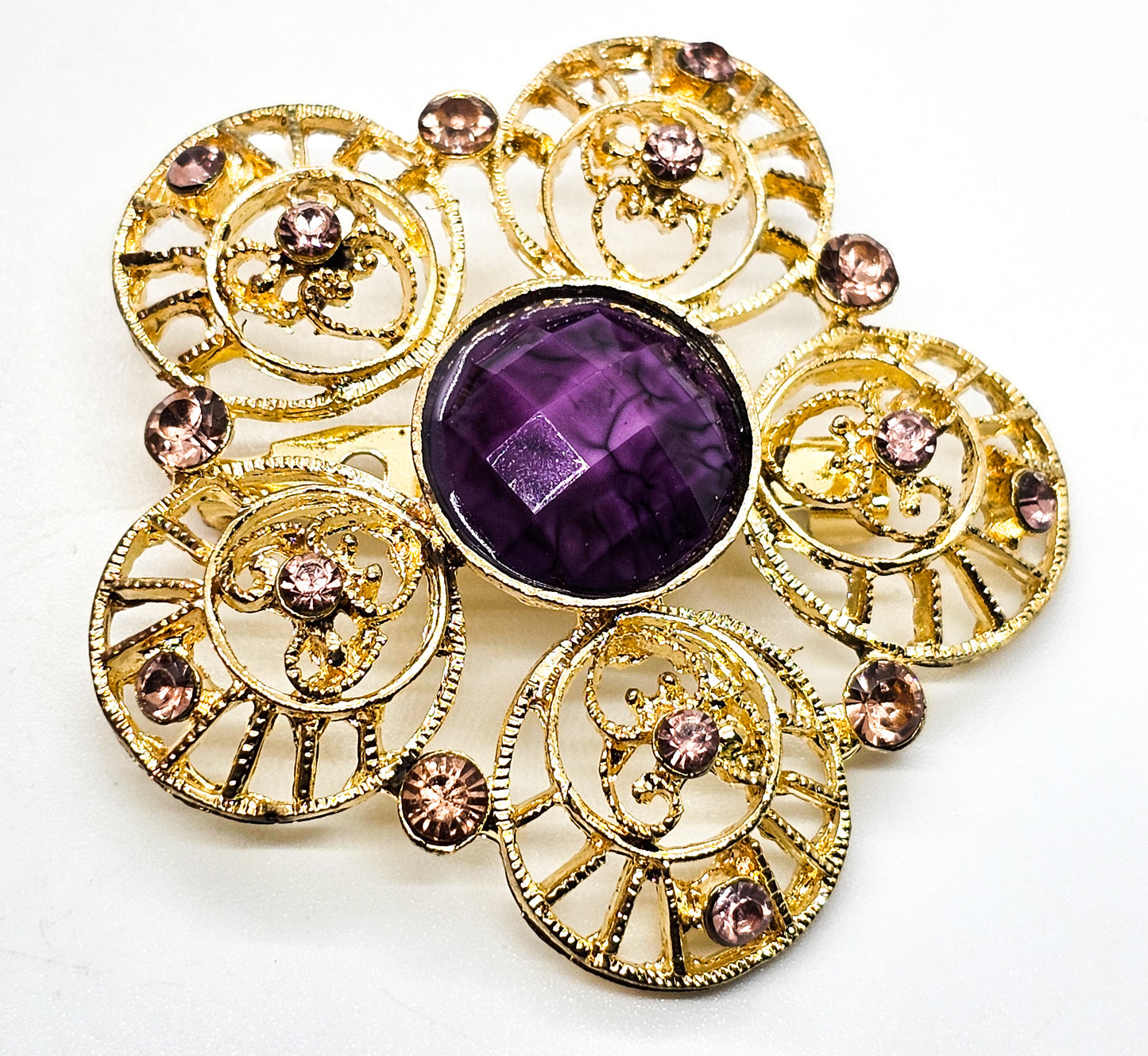 Purple and Gold vintage open work filigree flower floral brooch