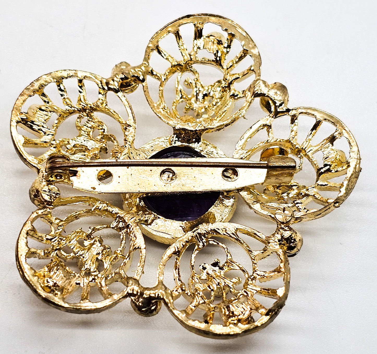Purple and Gold vintage open work filigree flower floral brooch