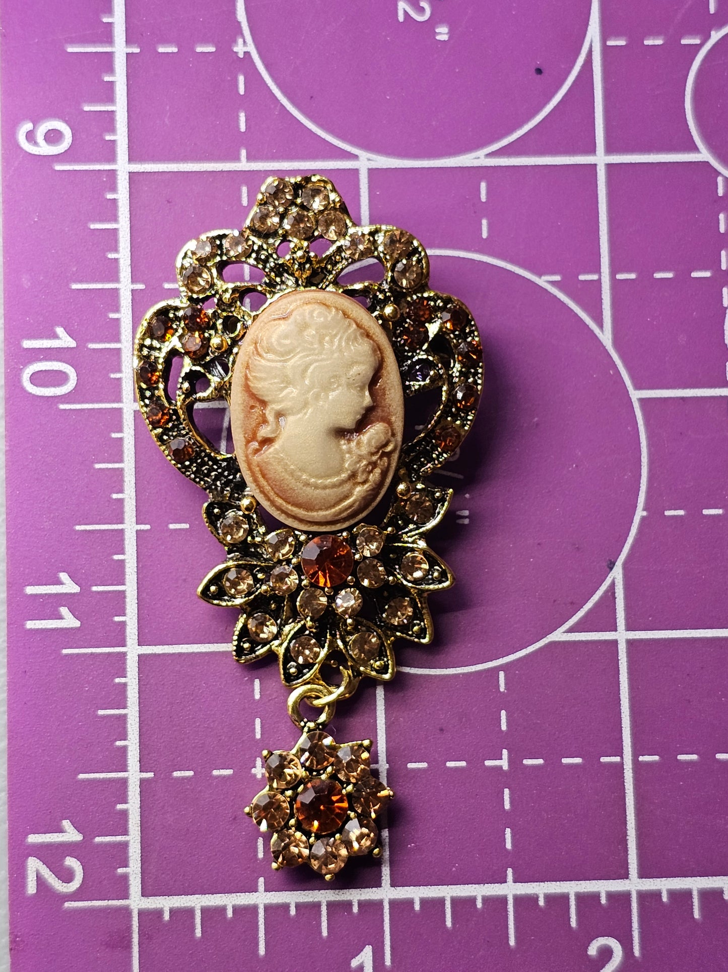 Victorian Revival vintage style resin cameo rhinestone drop brooch