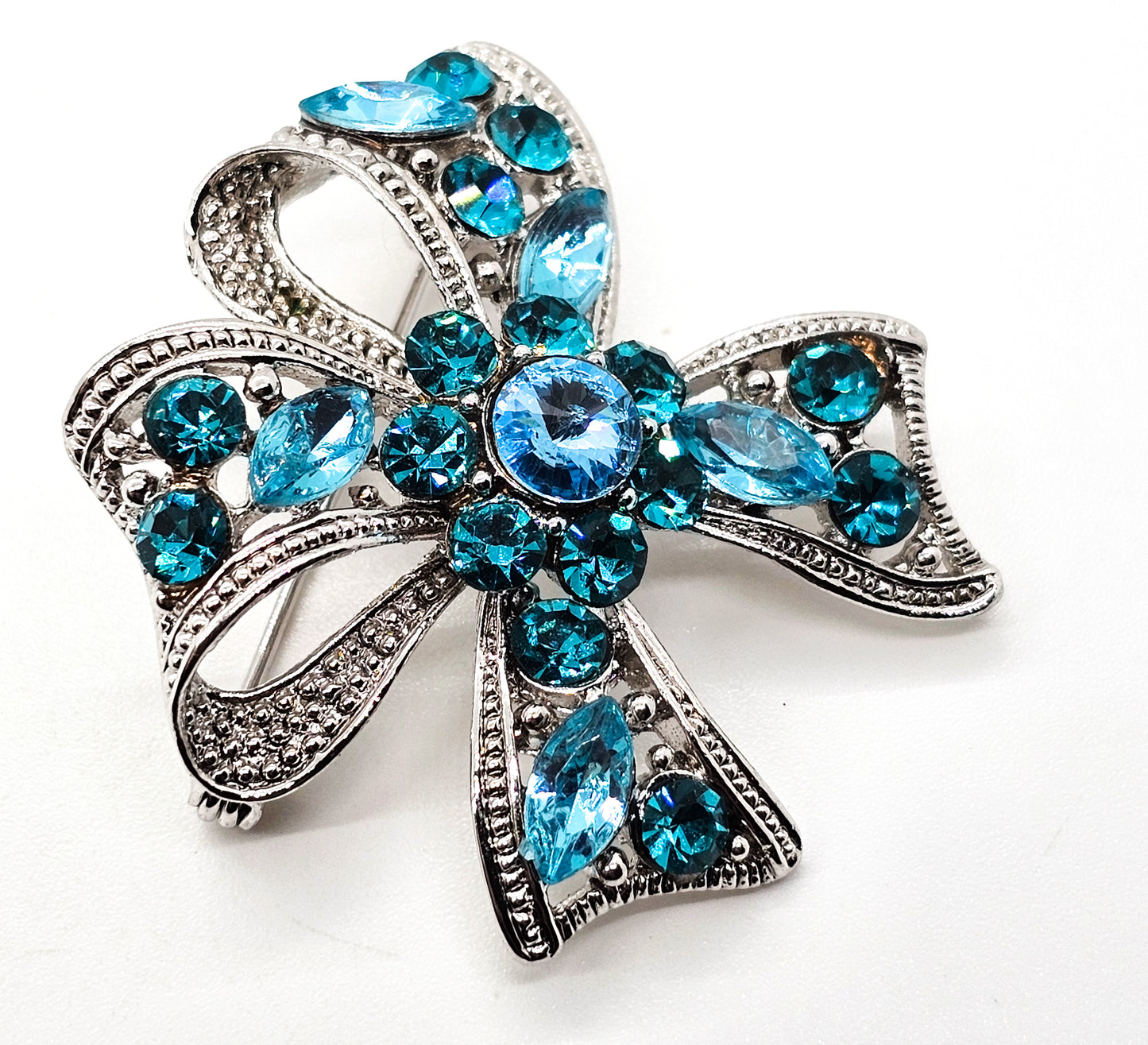 Teal and Aqua blue rhinestone silver toned vintage flower bow brooch