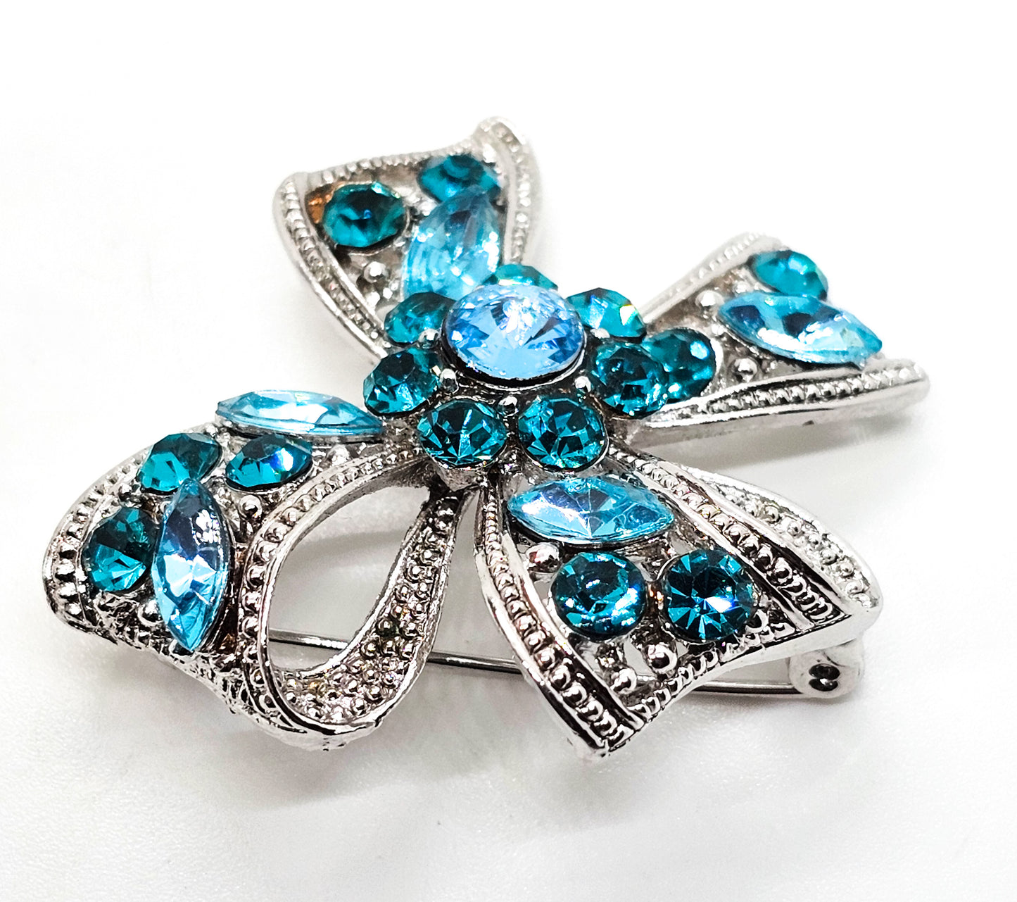 Teal and Aqua blue rhinestone silver toned vintage flower bow brooch
