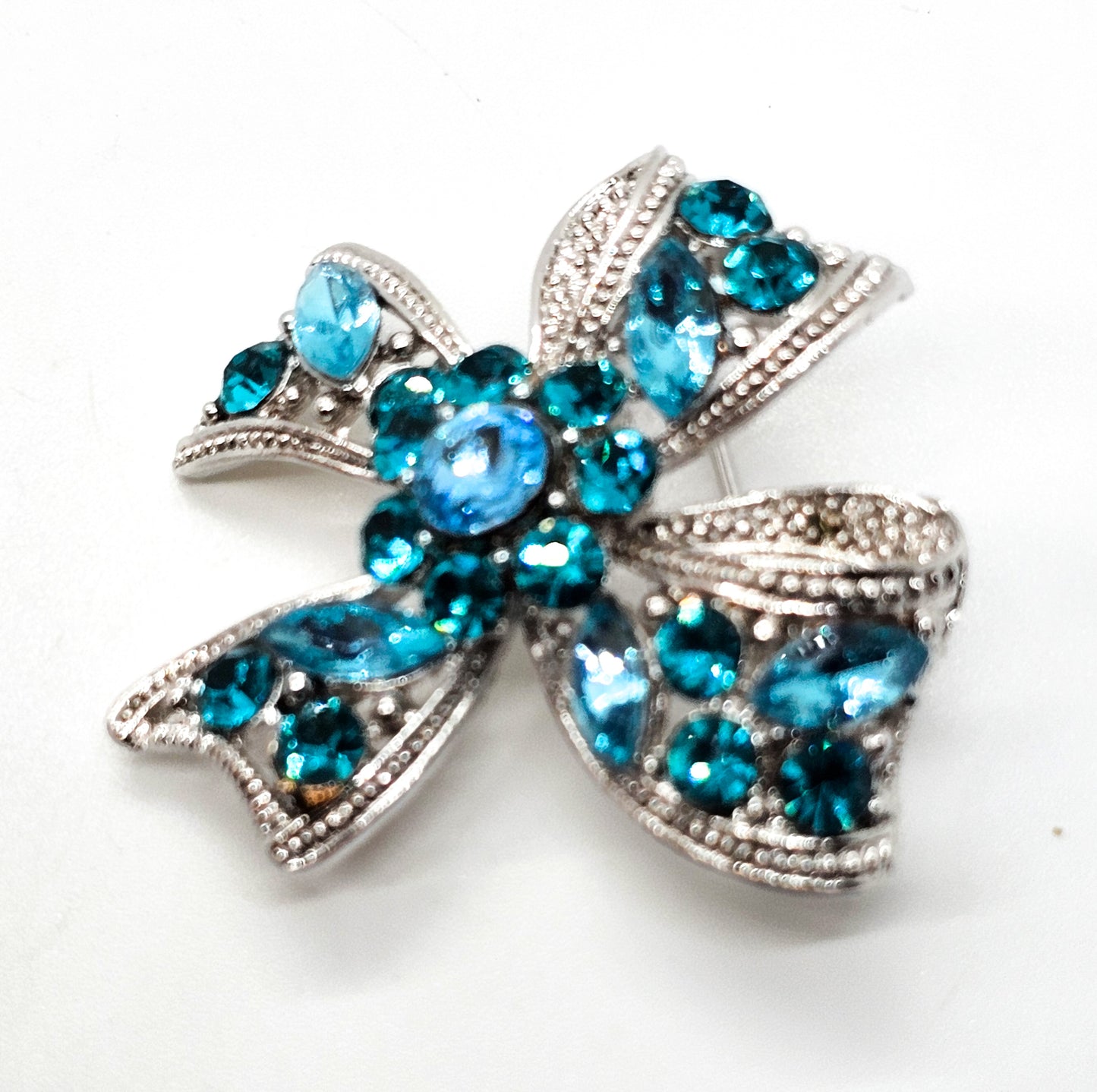 Teal and Aqua blue rhinestone silver toned vintage flower bow brooch