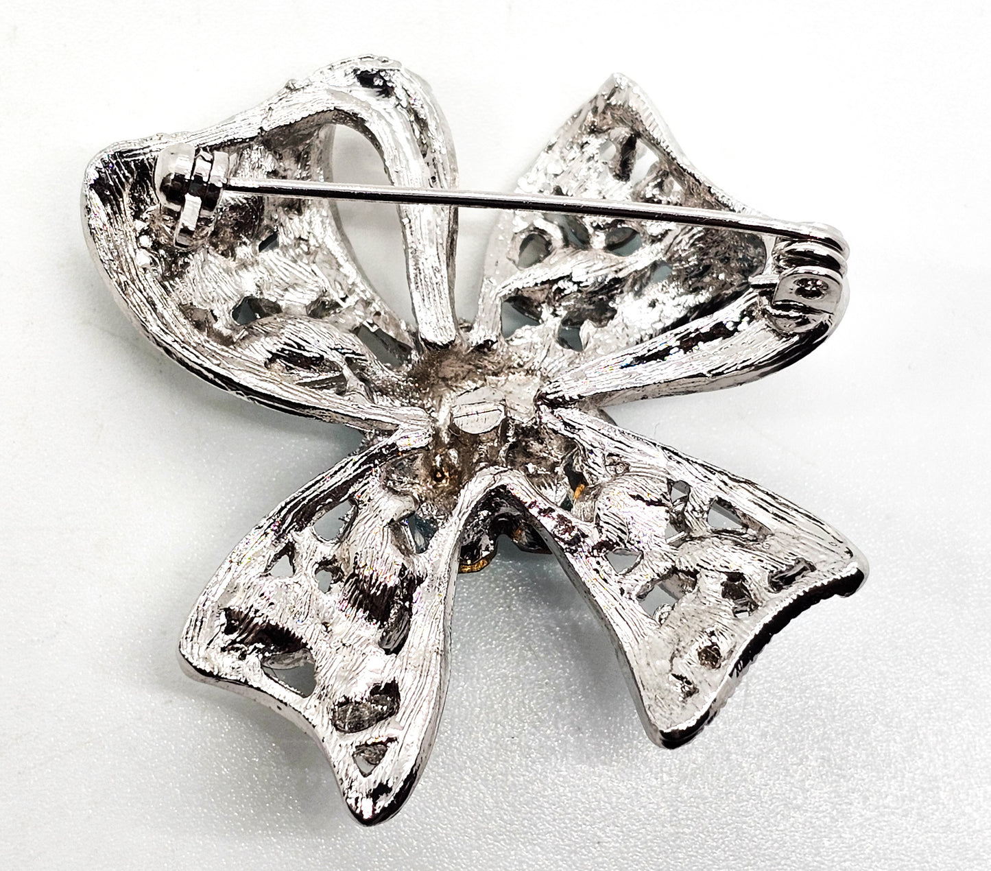 Teal and Aqua blue rhinestone silver toned vintage flower bow brooch