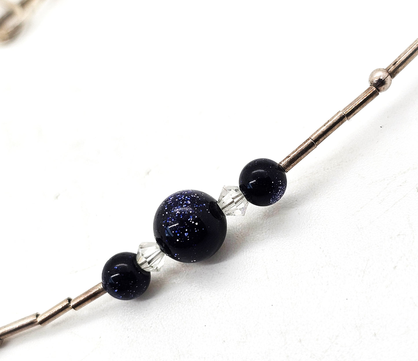 Floating Stars Blue Goldstone gemstone liquid silver sterling vintage necklace