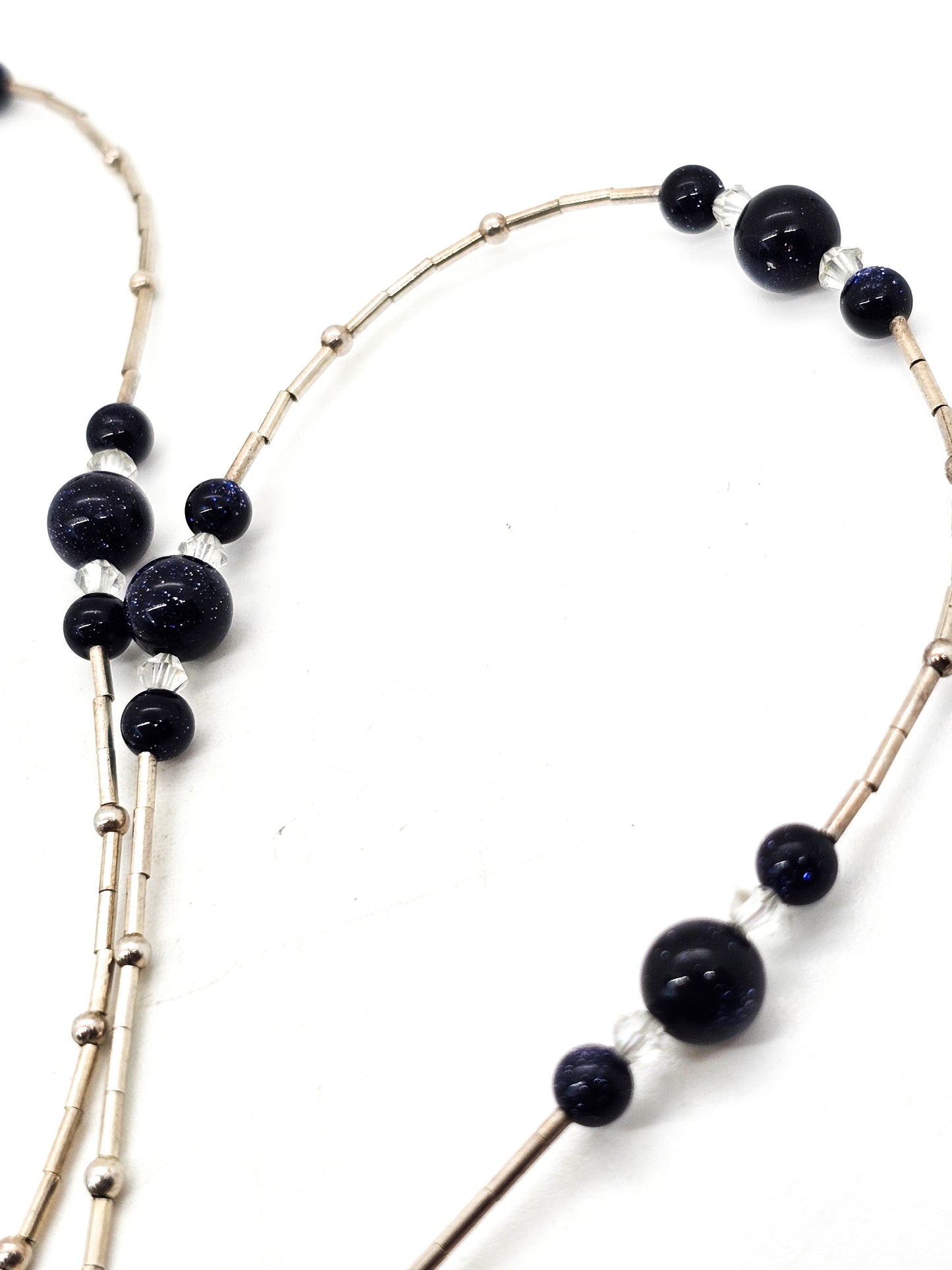Floating Stars Blue Goldstone gemstone liquid silver sterling vintage necklace