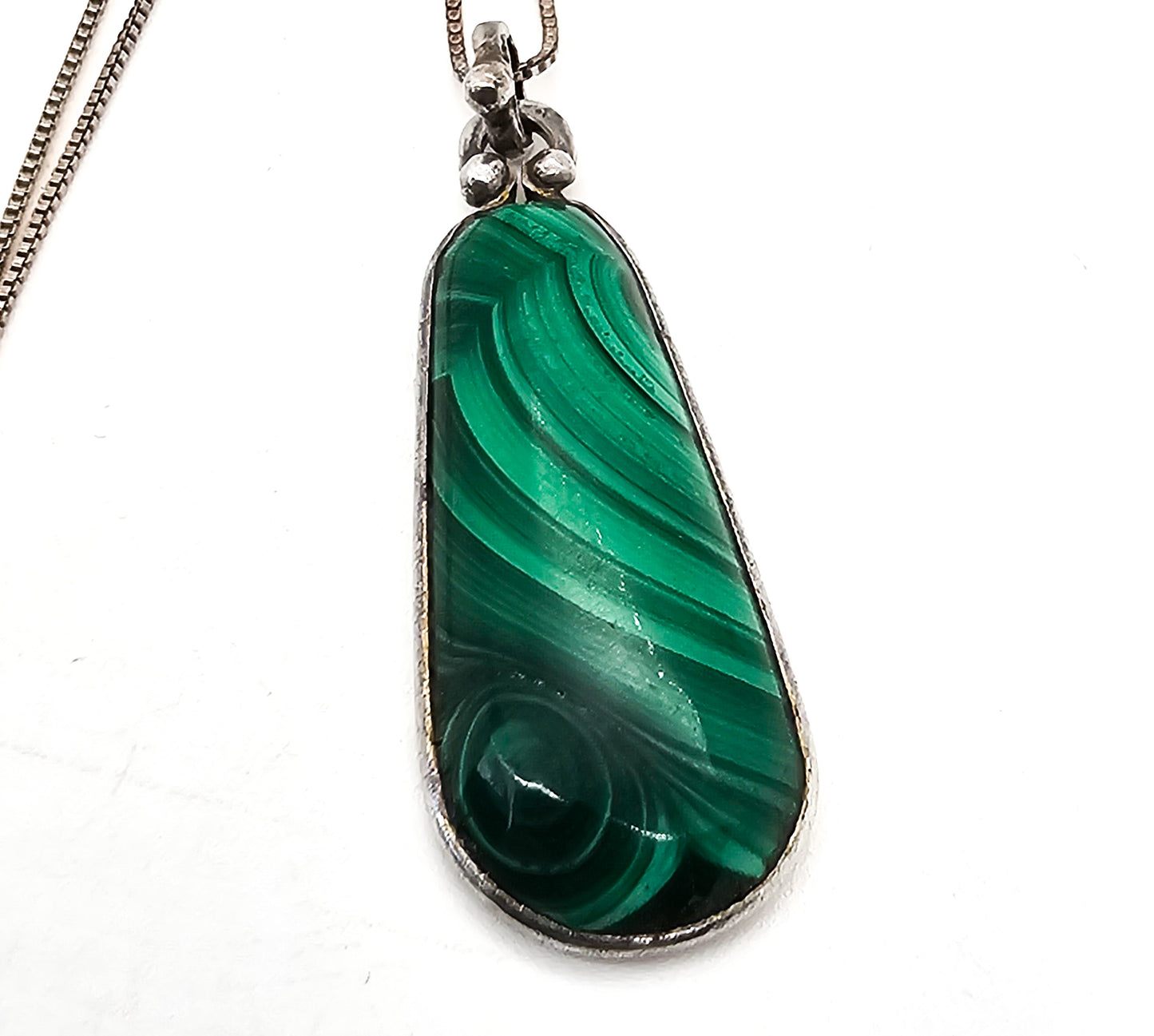 Malachite gemstone handcrafted artisan sterling silver vintage necklace