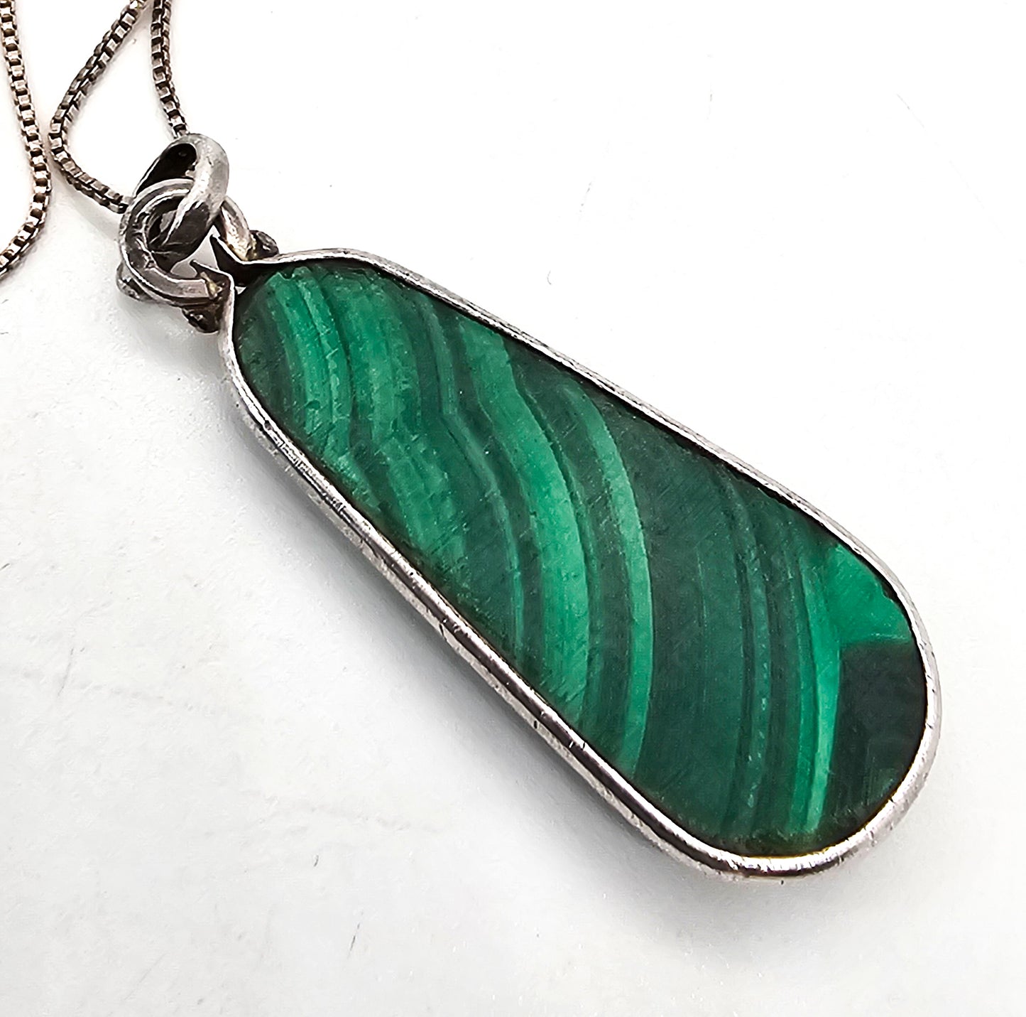 Malachite gemstone handcrafted artisan sterling silver vintage necklace