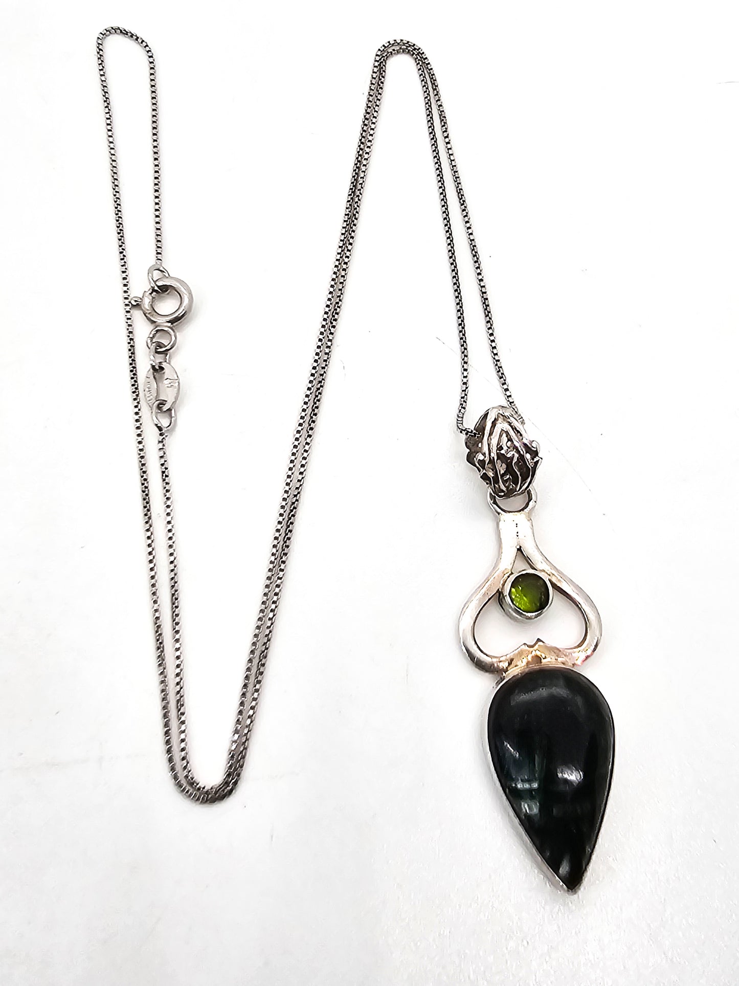 Blue pietersite and peridot Balinese tribal style sterling silver necklace