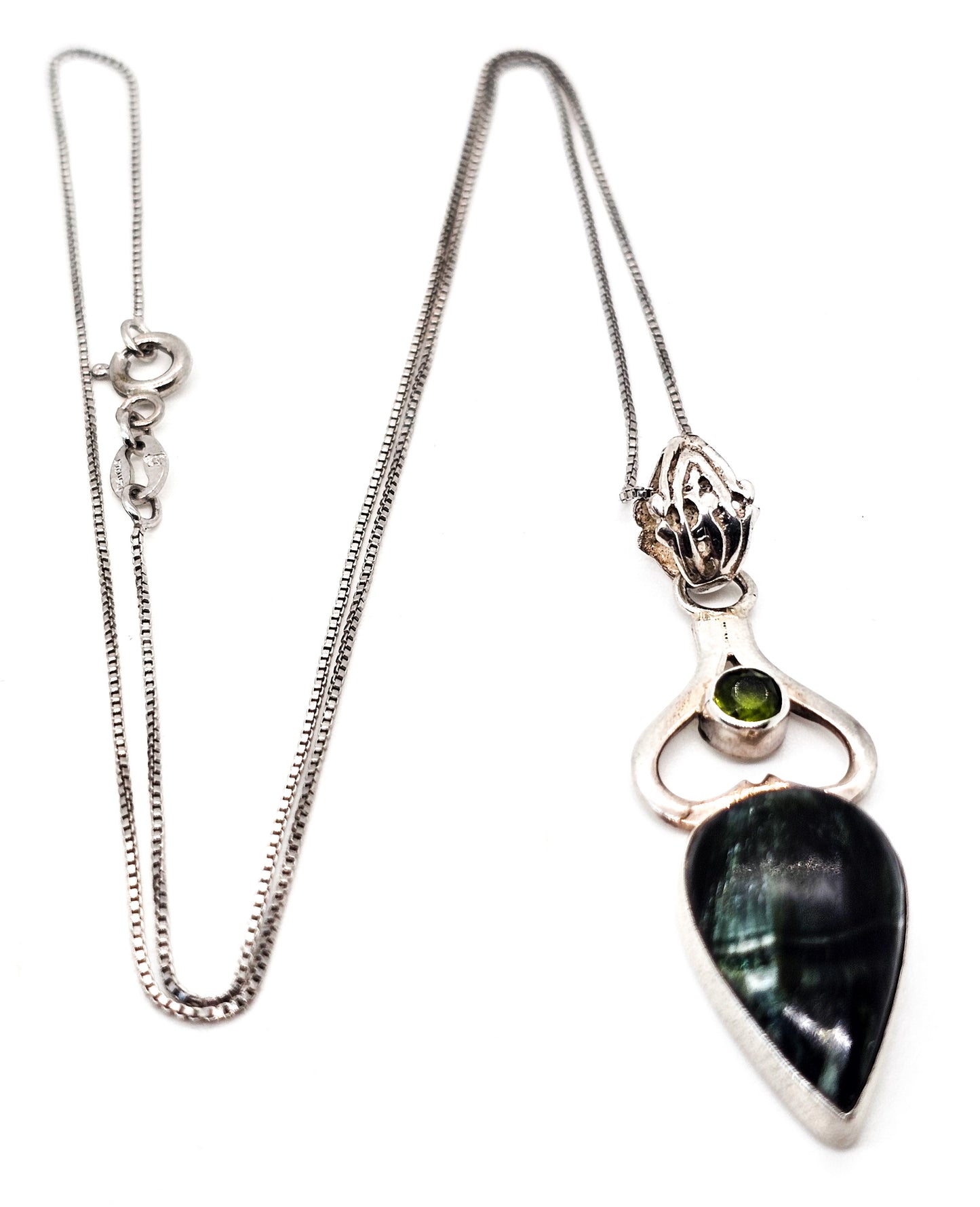 Blue pietersite and peridot Balinese tribal style sterling silver necklace