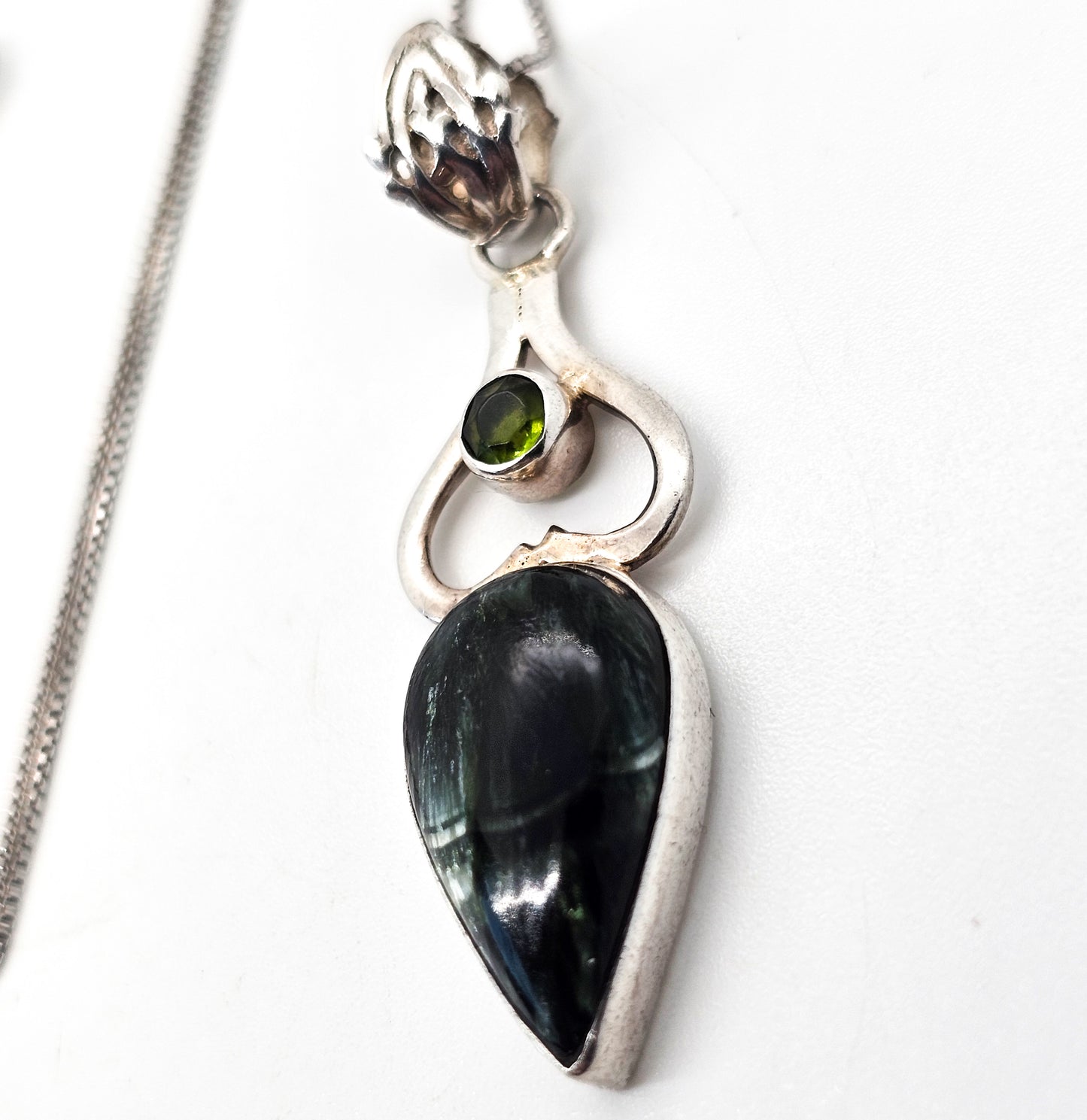 Blue pietersite and peridot Balinese tribal style sterling silver necklace