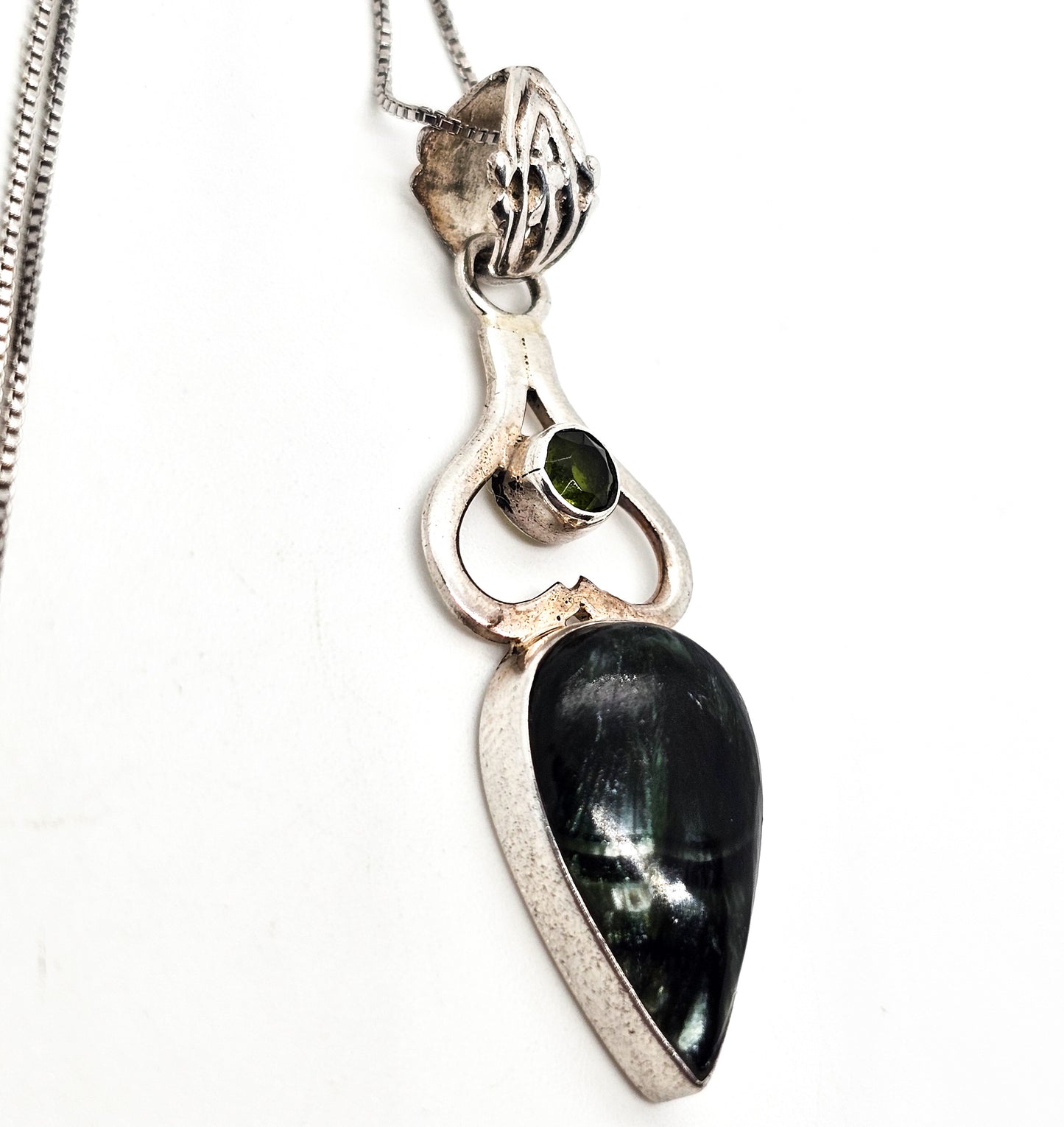 Blue pietersite and peridot Balinese tribal style sterling silver necklace