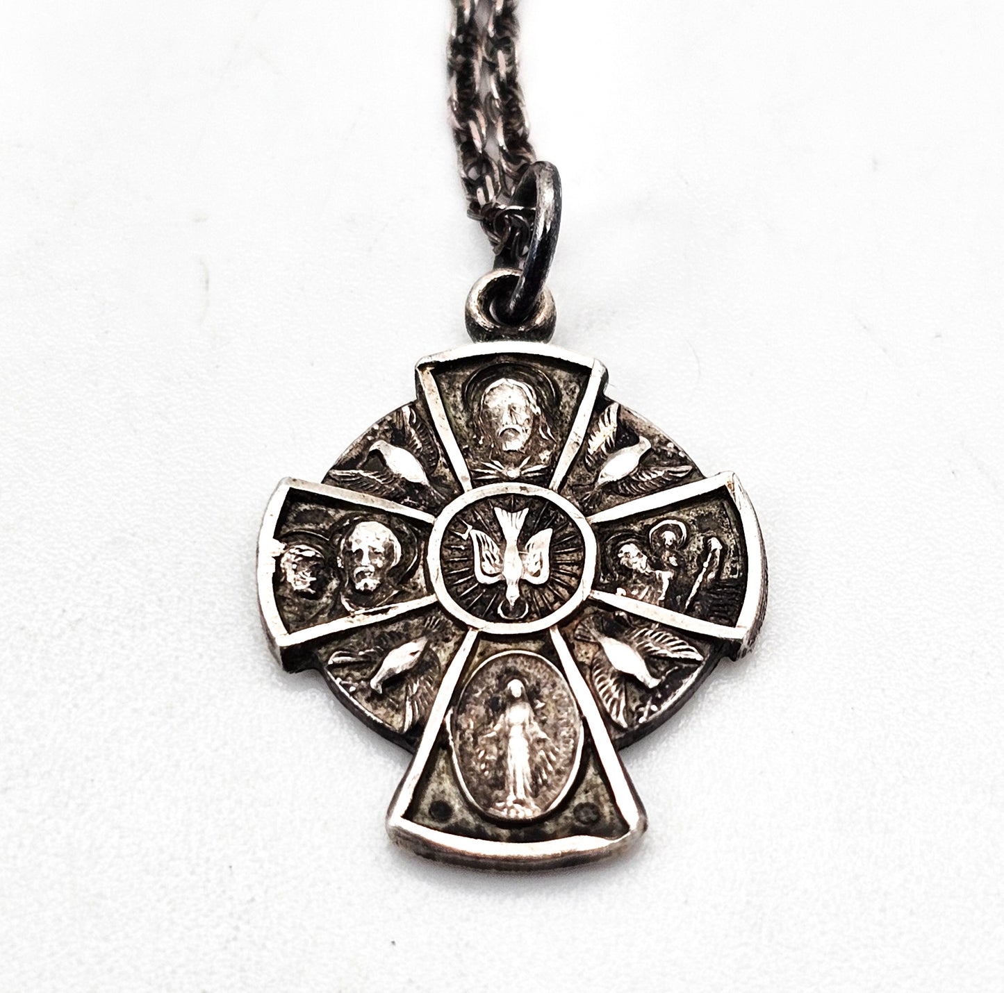 Catholic 5 way cross sterling silver Holy Spirit pendant necklace