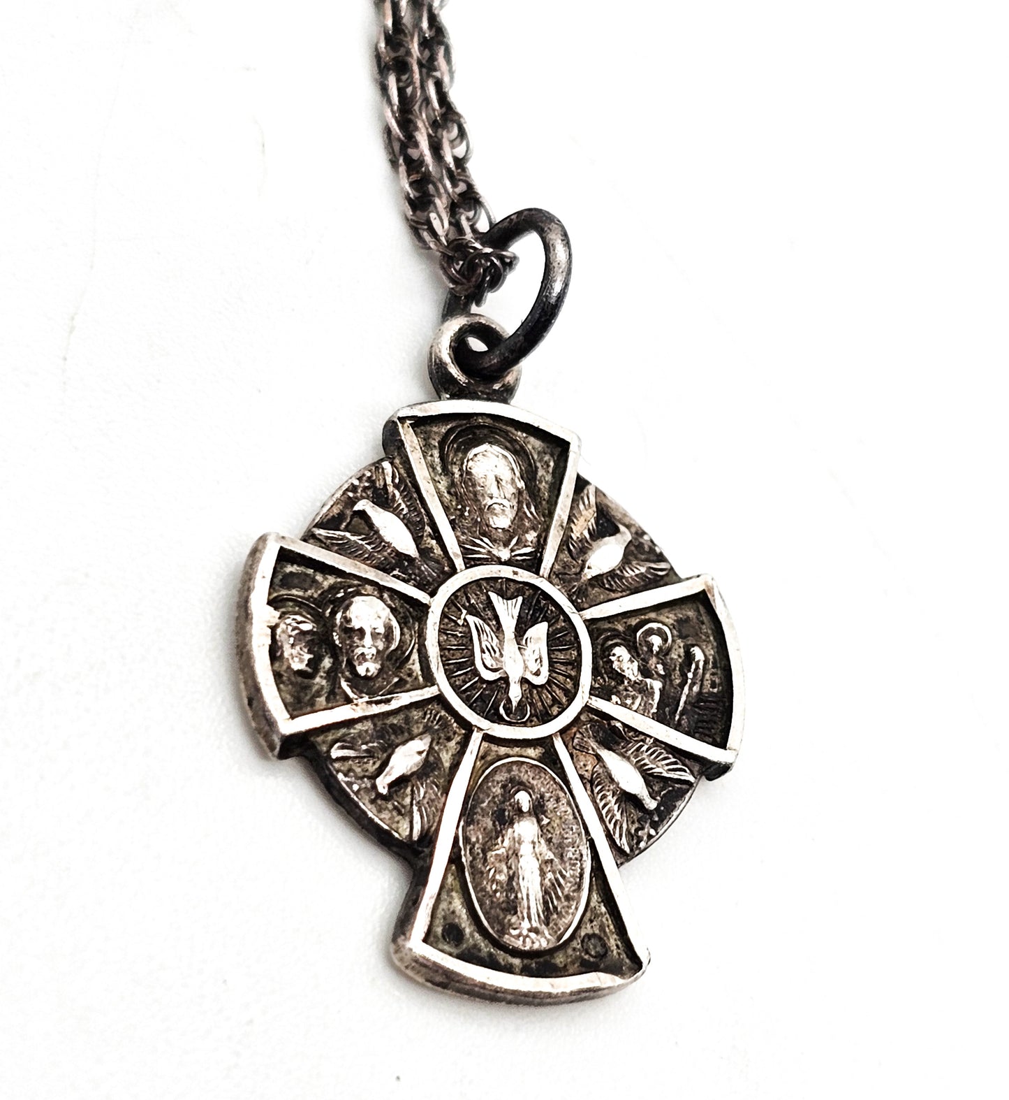 Catholic 5 way cross sterling silver Holy Spirit pendant necklace
