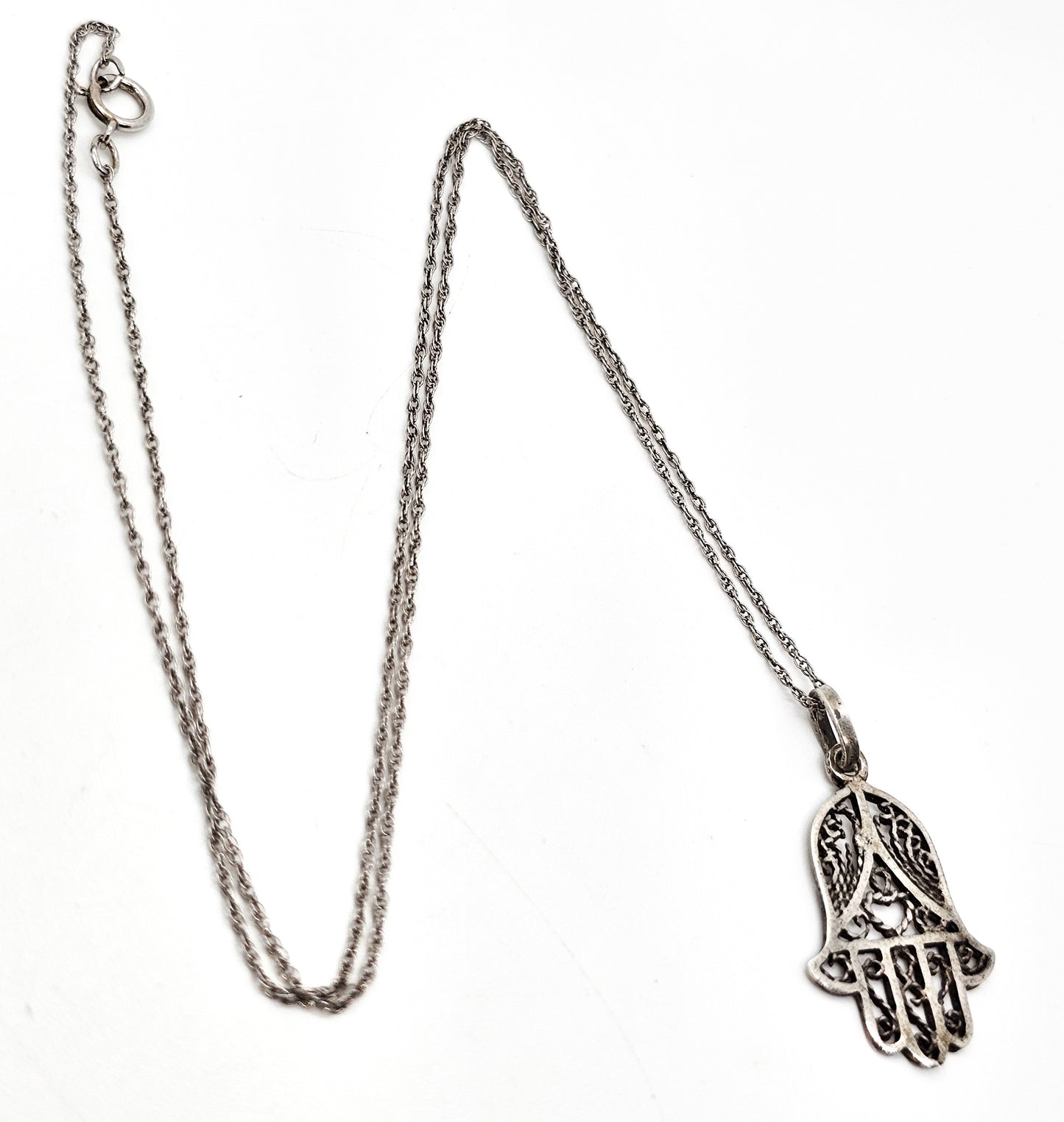 Filigree Hamsa Hand of Fatima open work vintage sterling silver necklace