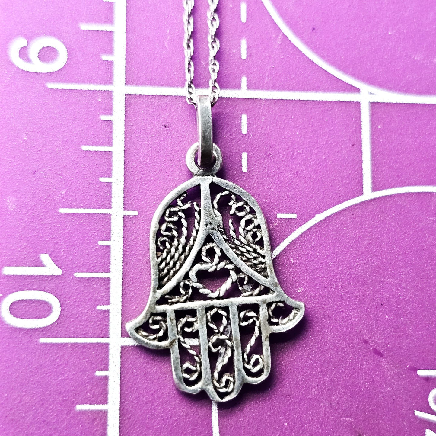 Filigree Hamsa Hand of Fatima open work vintage sterling silver necklace