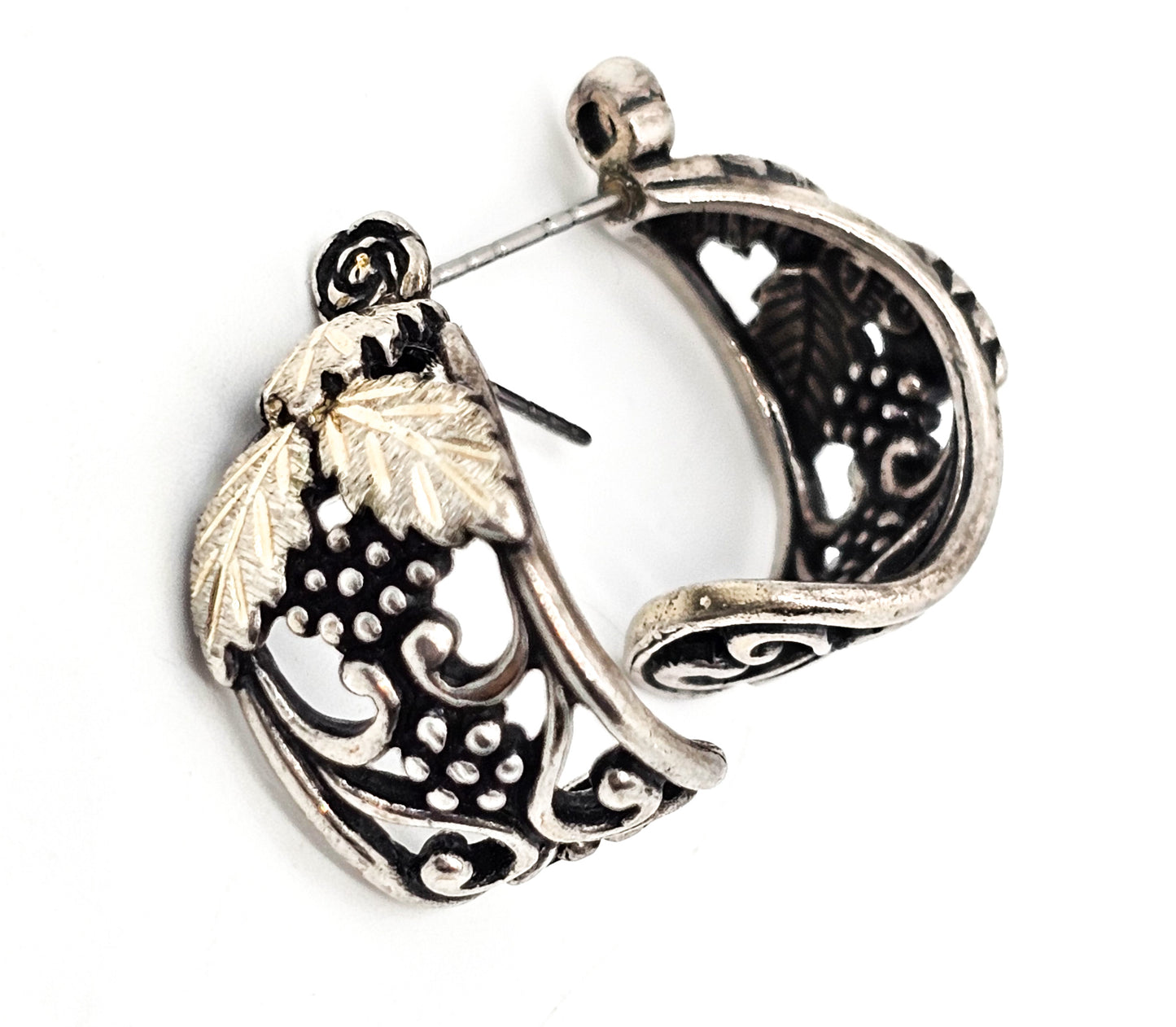 Black Hills Gold grape leaf vintage sterling silver hoop earrings Gold Diggers