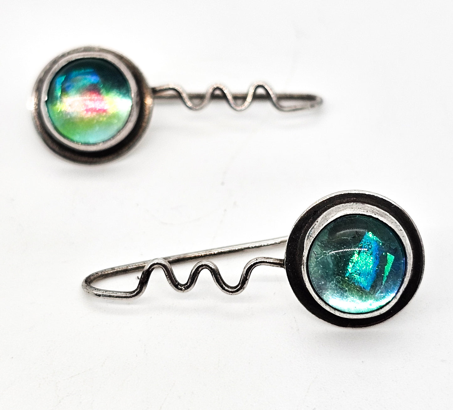 Barbara Sucherman Dichroic Art Glass vintage sterling silver drop earrings