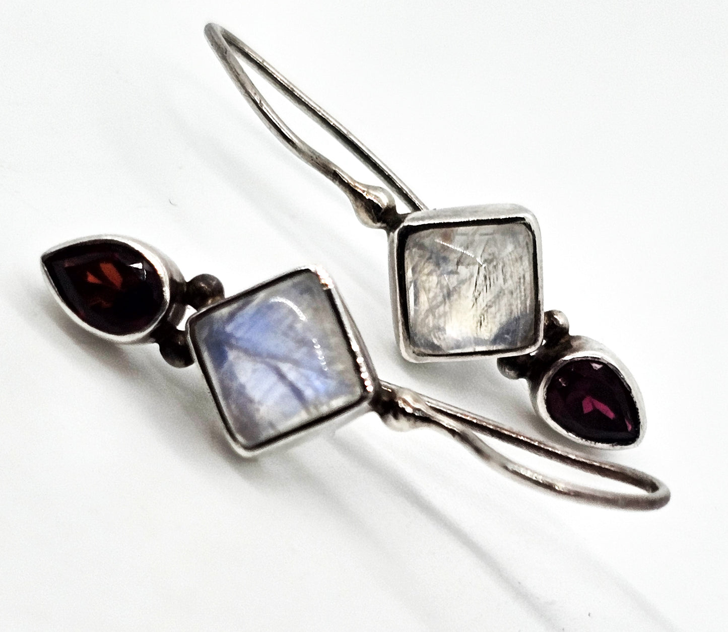 Princess cut blue flash moonstone and garnet tribal sterling silver earrings