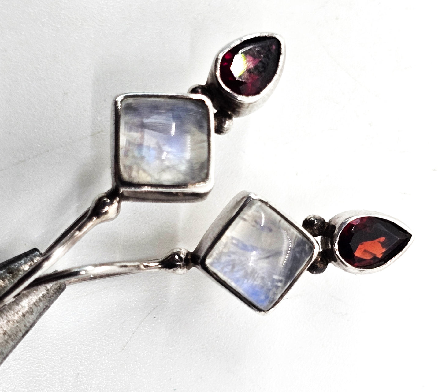 Princess cut blue flash moonstone and garnet tribal sterling silver earrings