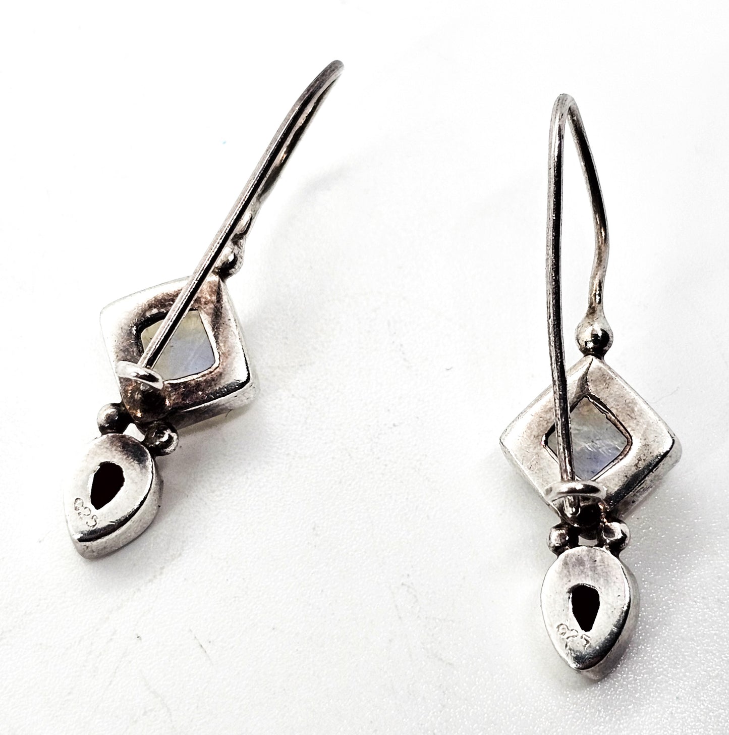 Princess cut blue flash moonstone and garnet tribal sterling silver earrings