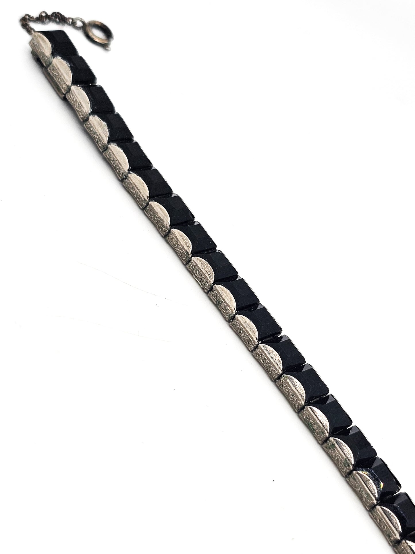 Black Princess cut square Art Deco vintage rhinestone tennis bracelet