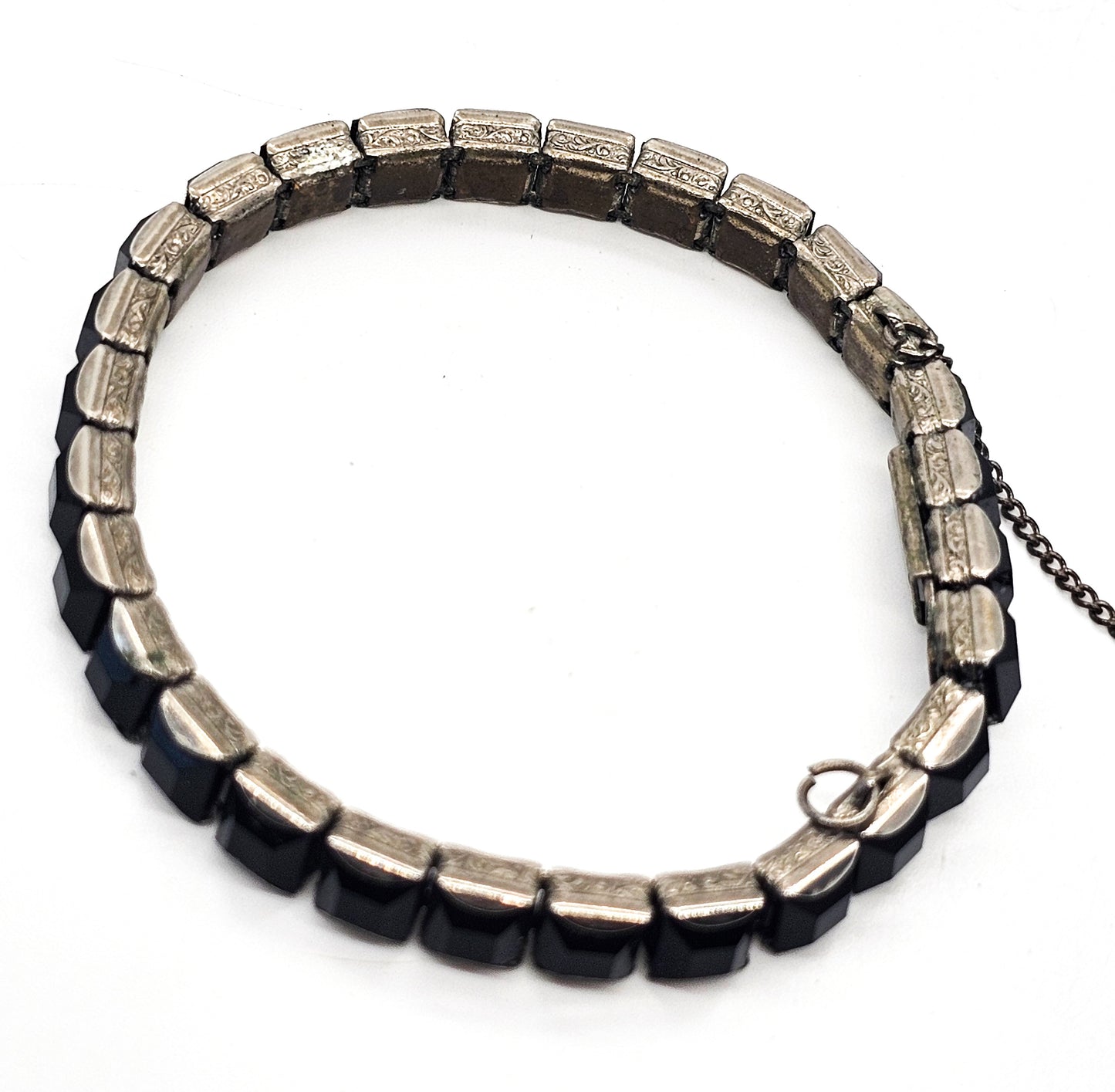 Black Princess cut square Art Deco vintage rhinestone tennis bracelet