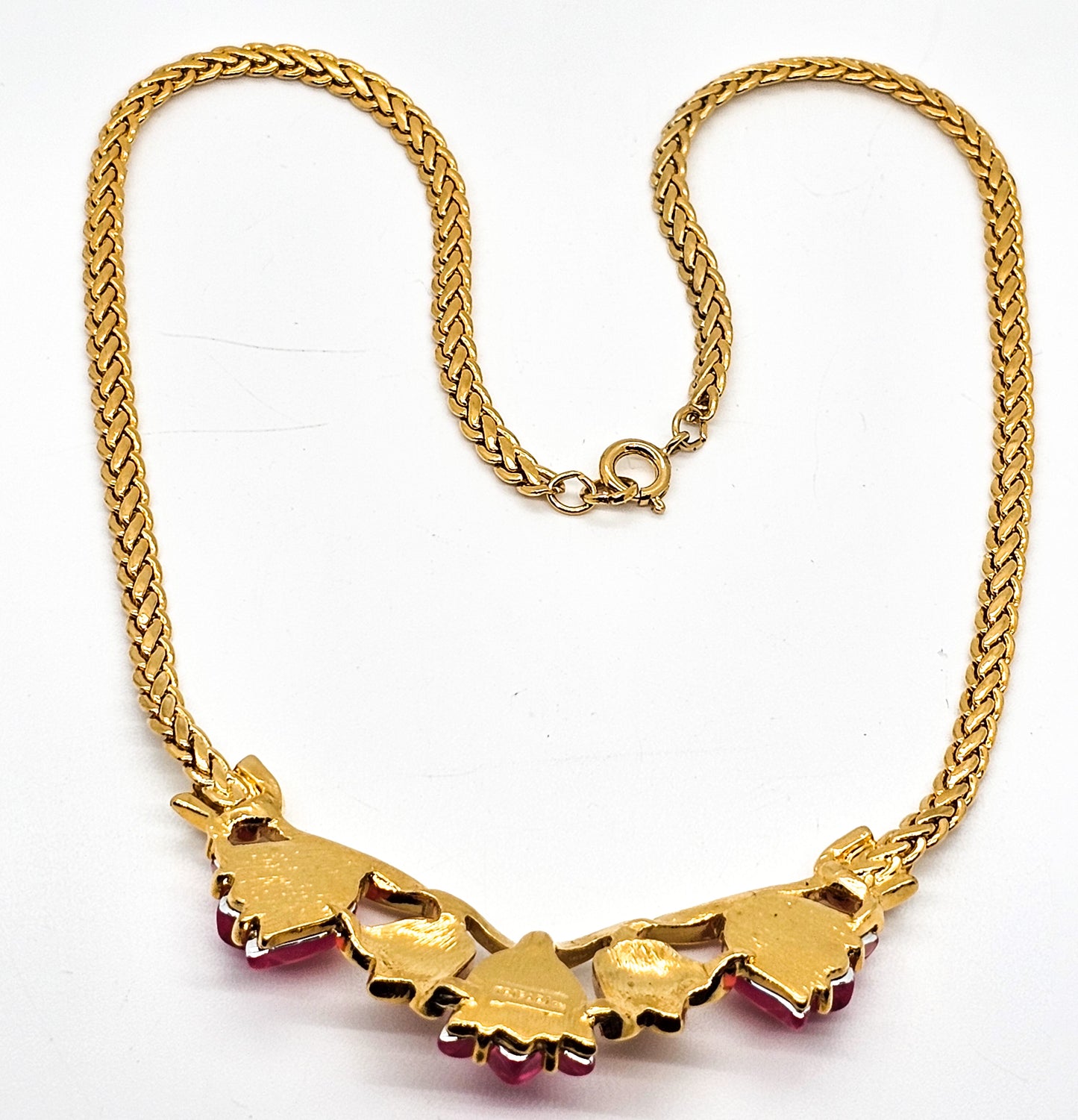 Trifari gold toned pink lucite tulip flower signed vintage gold toned necklace