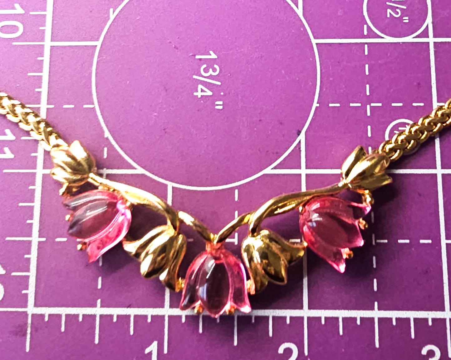 Trifari gold toned pink lucite tulip flower signed vintage gold toned necklace