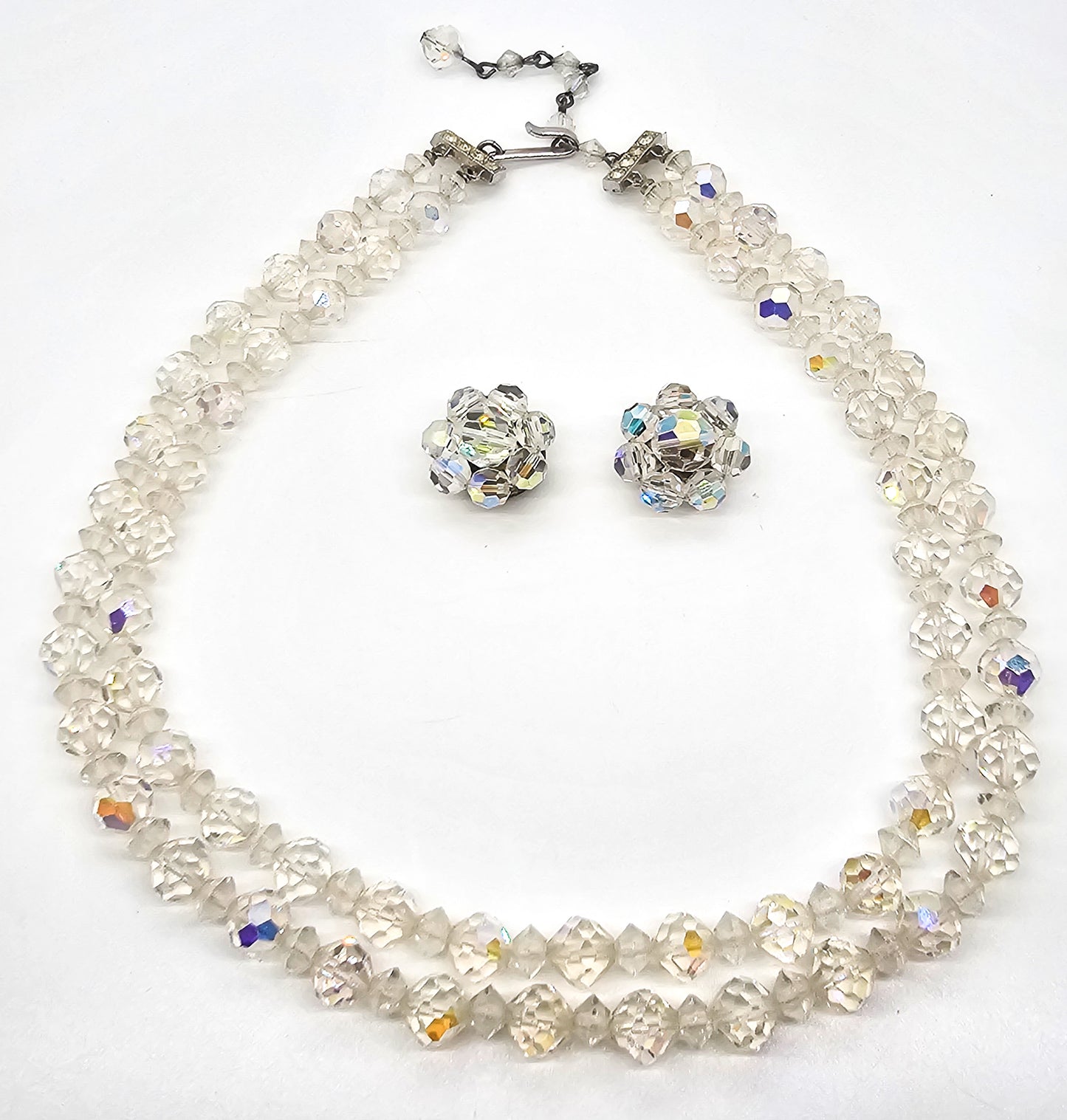 Aurora Borealis double strand aurora borealis necklace and clip earrings set