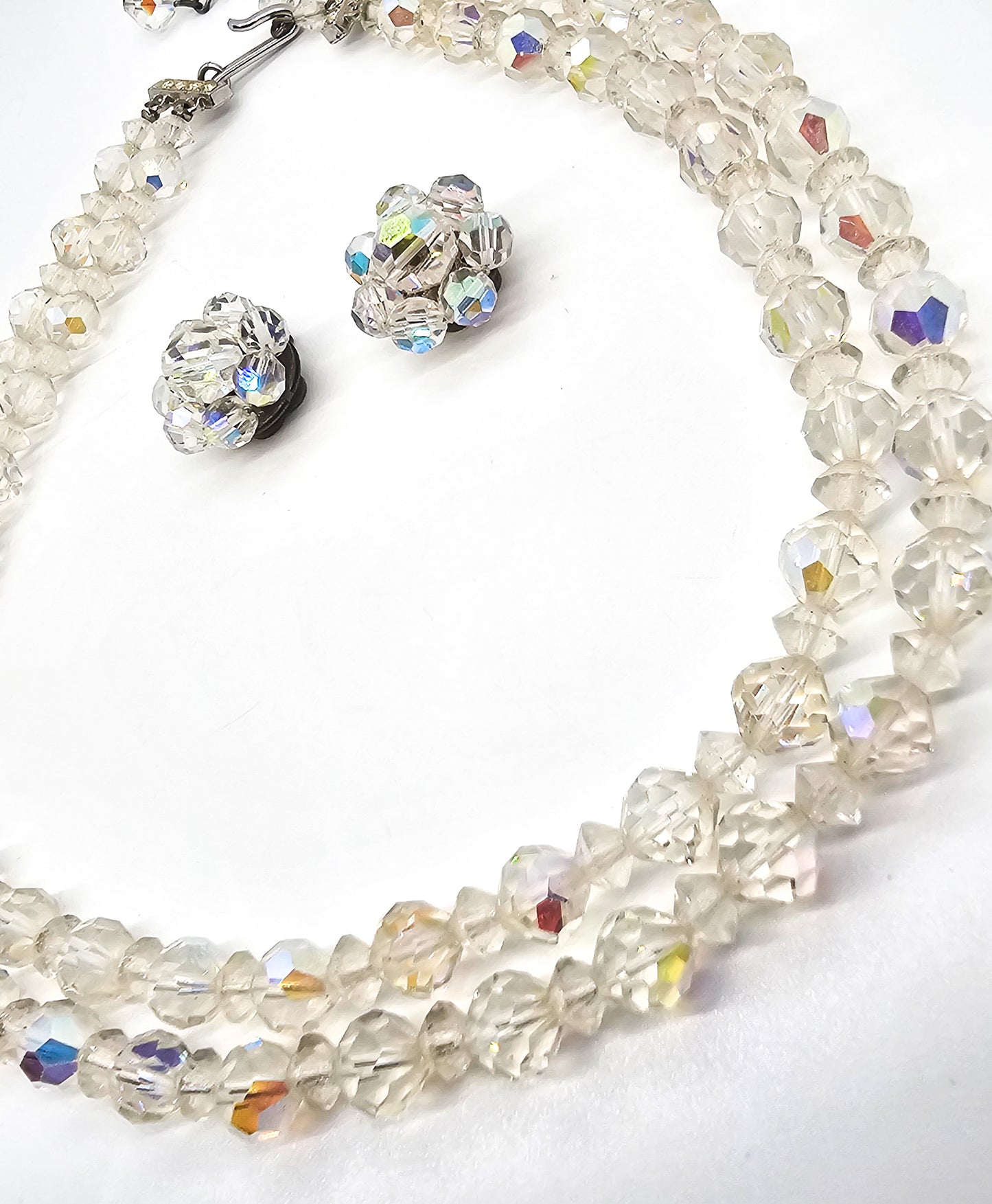 Aurora Borealis double strand aurora borealis necklace and clip earrings set