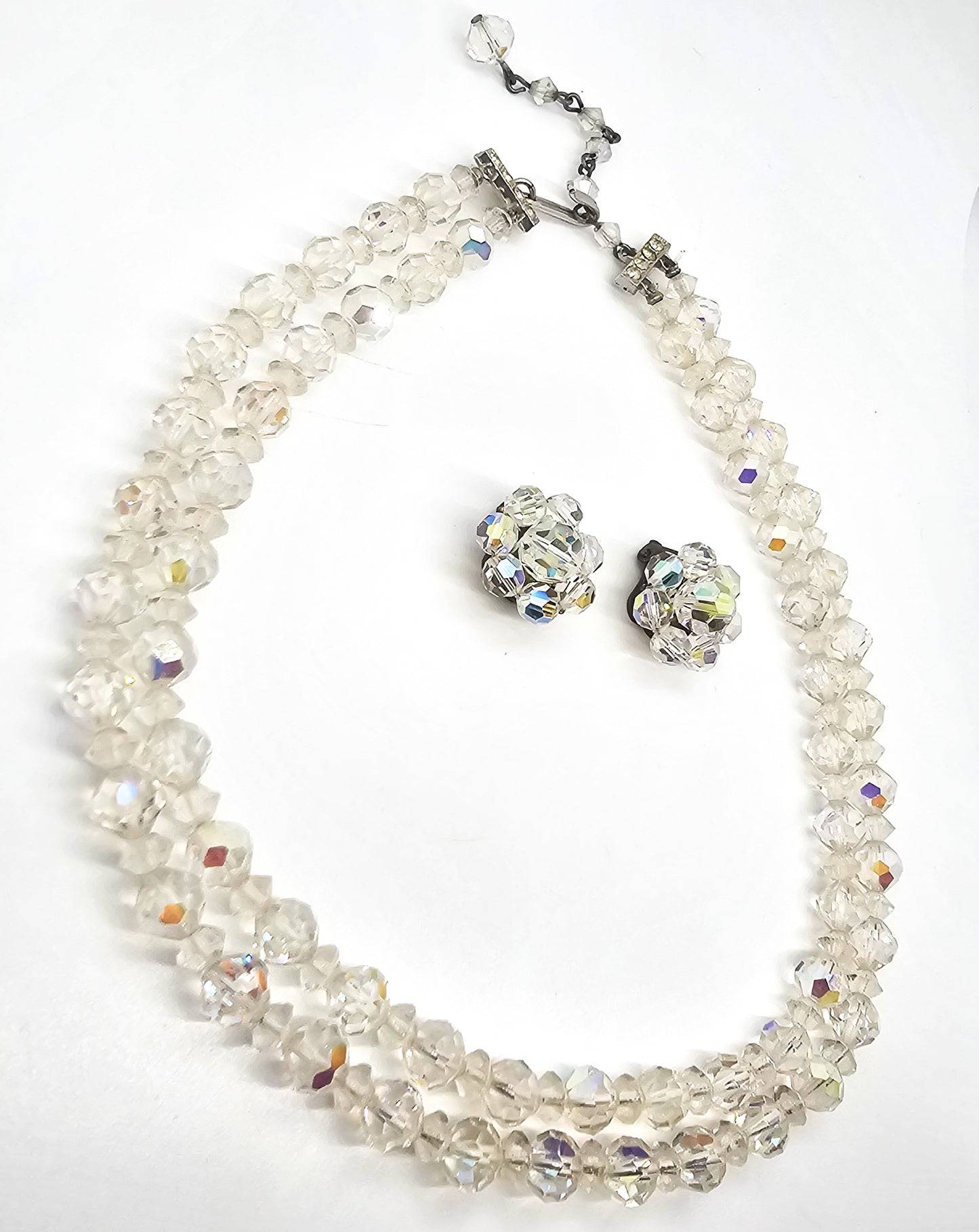 Aurora Borealis double strand aurora borealis necklace and clip earrings set