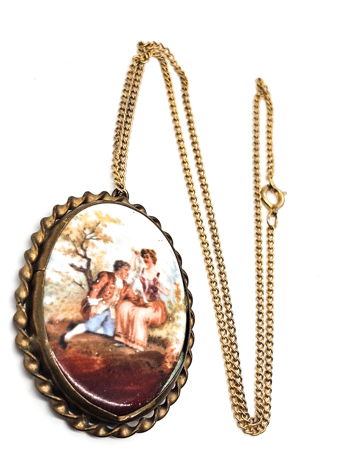 Painted Porcelain Courting Couple painted porcelain antique brass necklace
